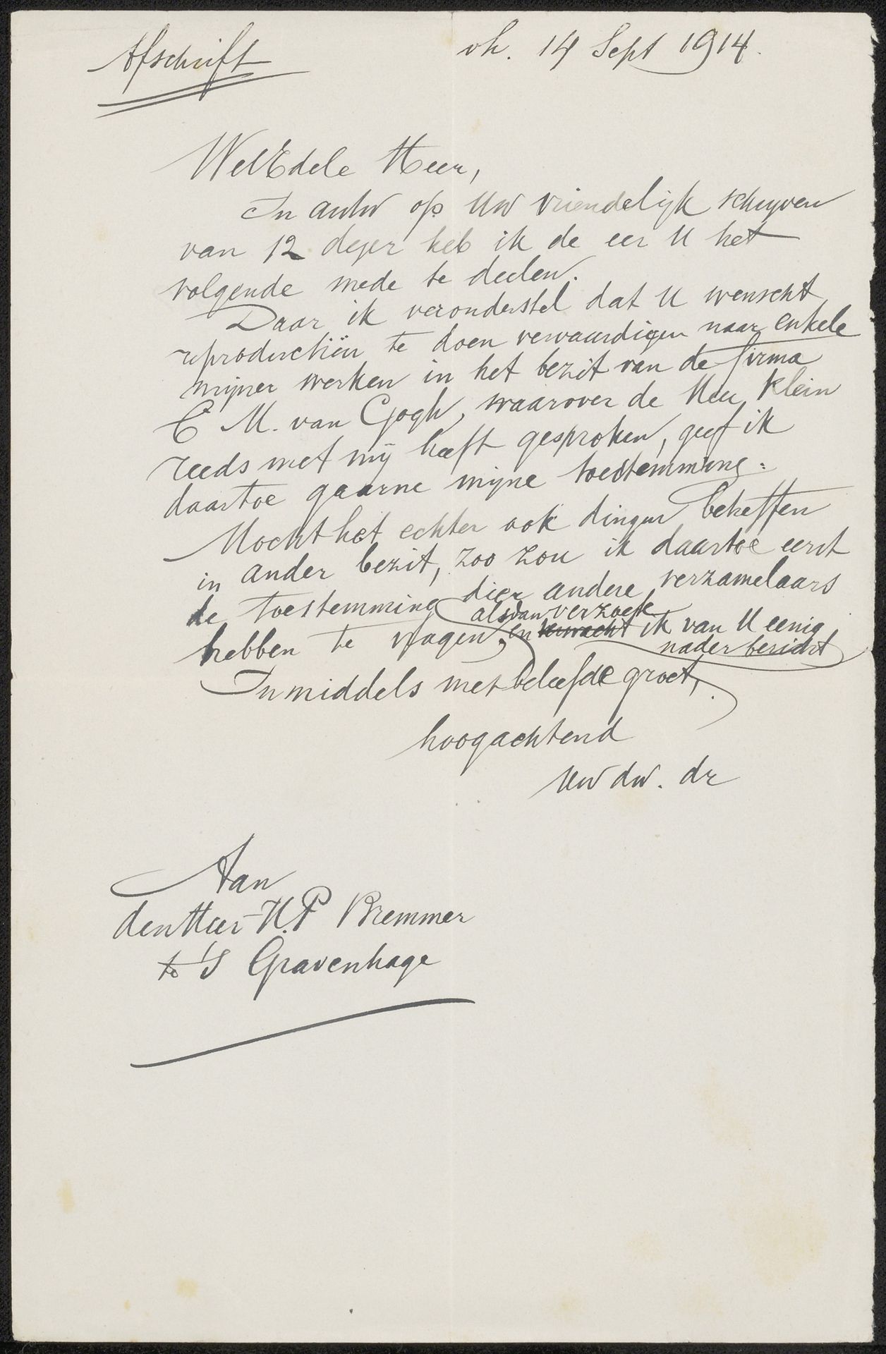 Brief aan Hendricus Petrus Bremmer by August Allebé