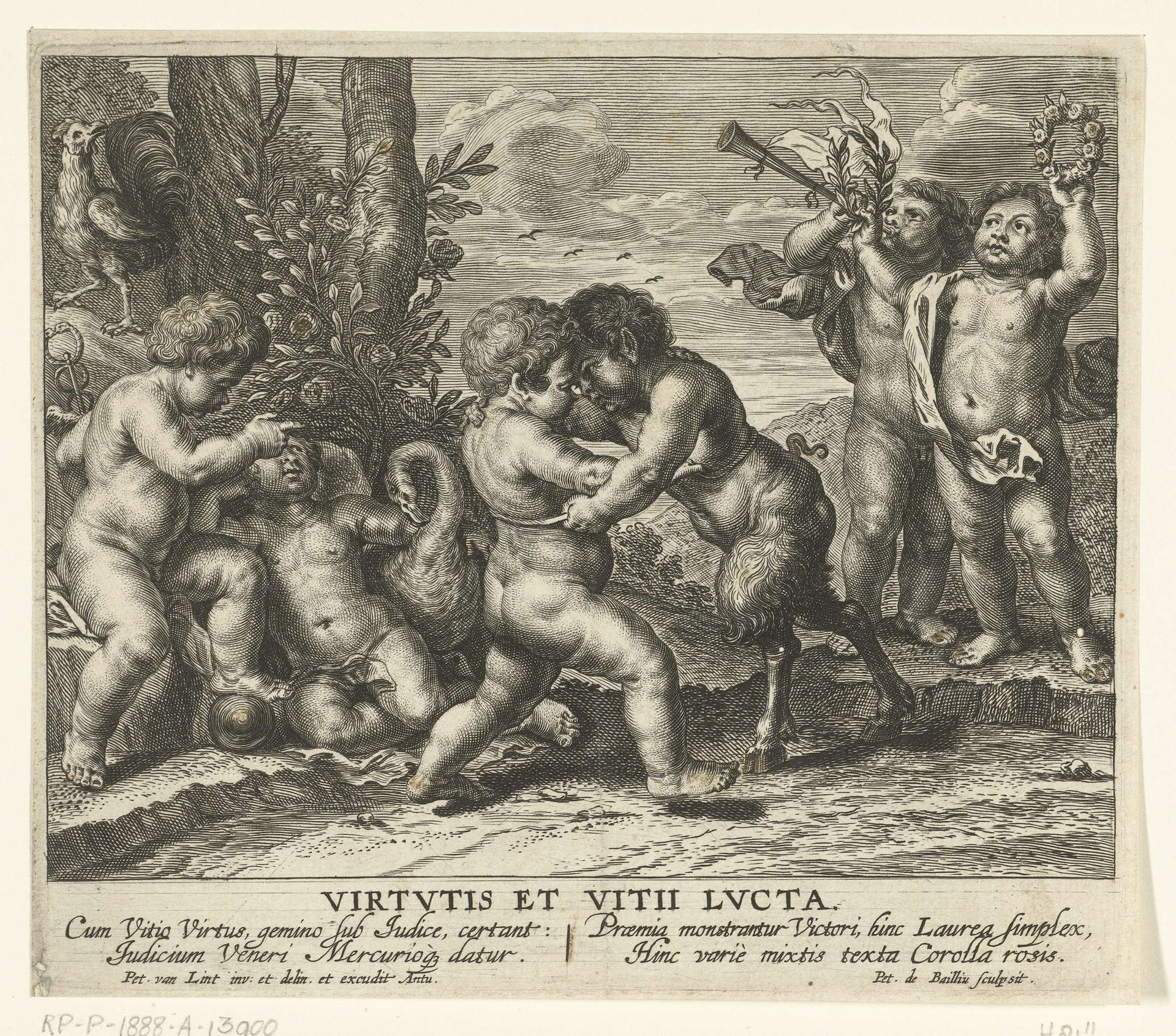 Allegorie met gevecht tussen putto en saterkind als deugd en ondeugd by Pieter de Bailliu