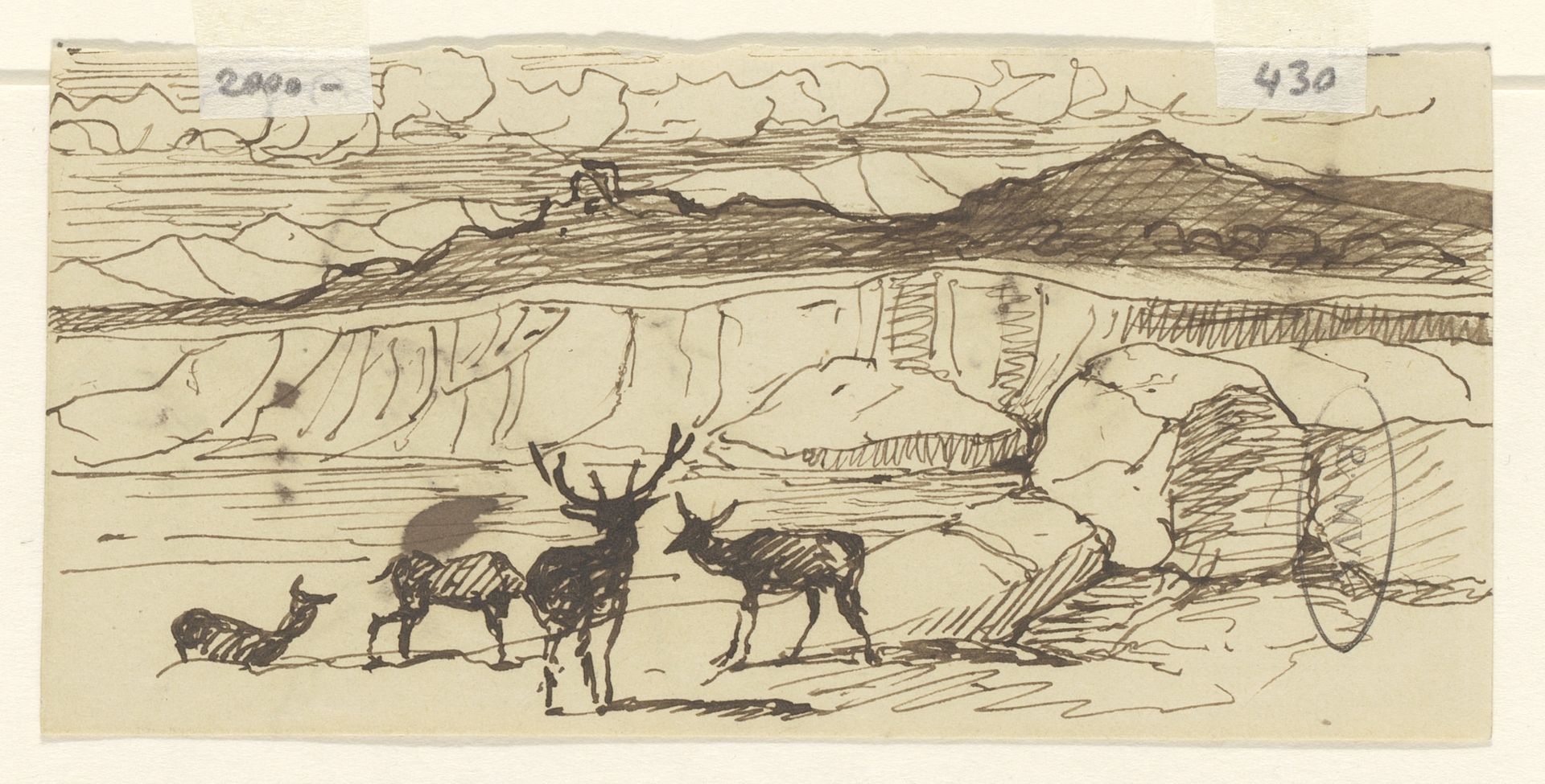 Berglandschap met herten by Johannes Tavenraat