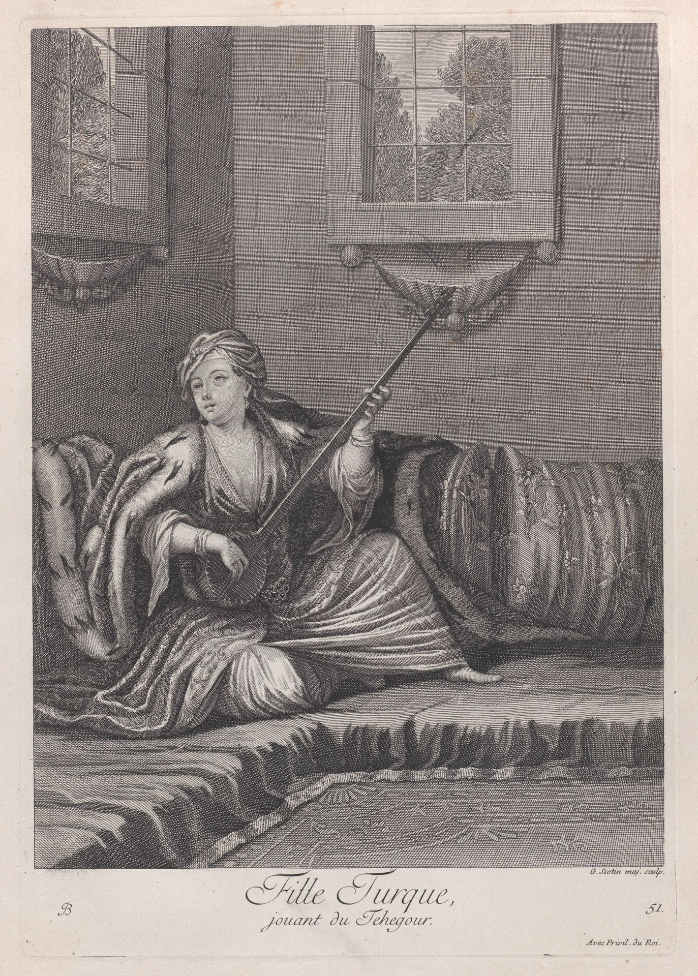 Fille Turque, jouant du Tehegour, plate 51 from "Recueil de cent estampes représentent differentes nations du Levant" by Jean Baptiste Vanmour