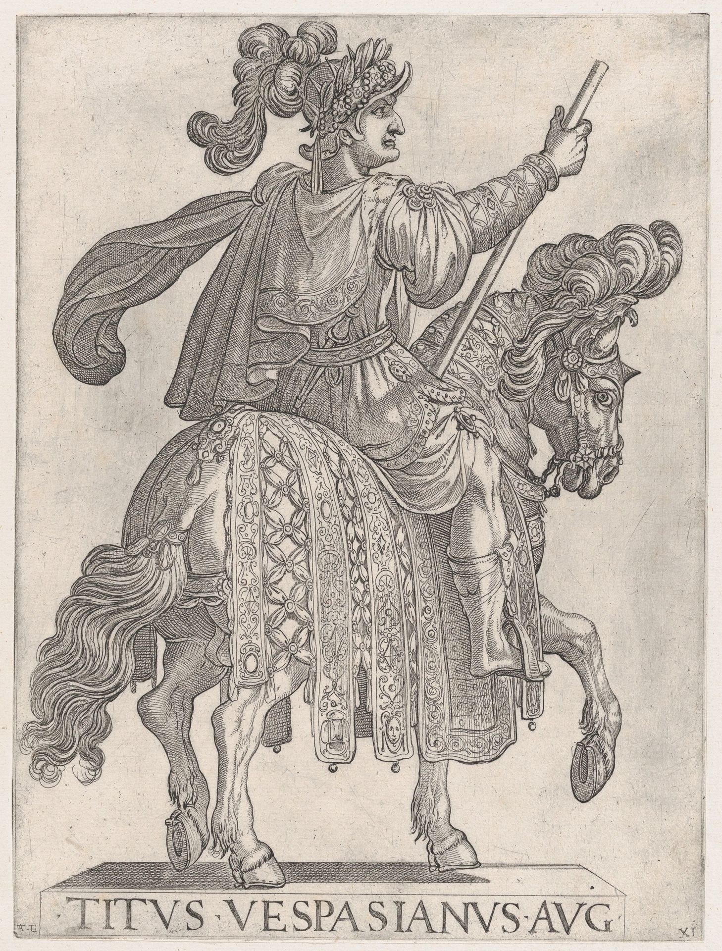 Plate 11: Titus Vespasian on horseback facing right from the 'First Twelve Emperors of Ancient Rome' by Antonio Tempesta
