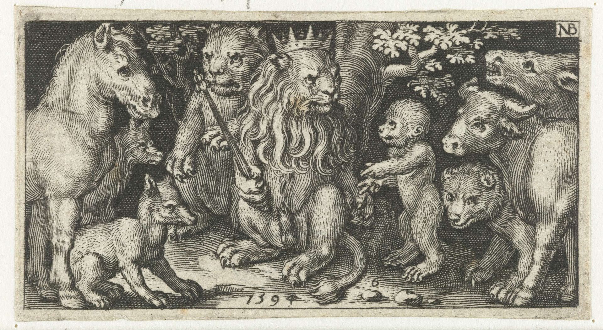 Leeuw als koning tussen andere dieren by Nicolaes de Bruyn