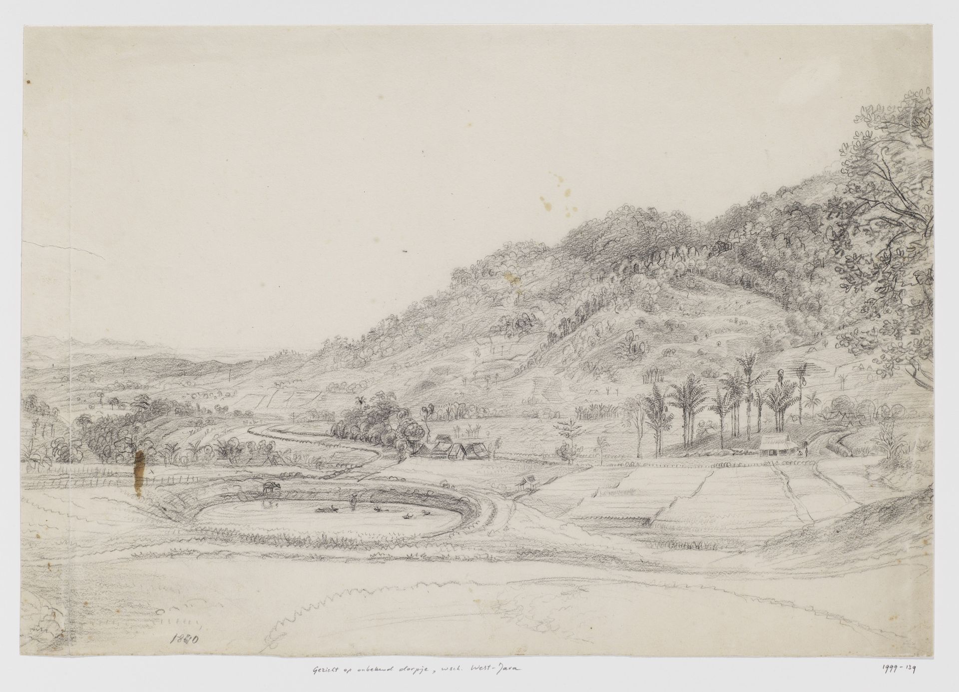 Landschap met dorp, vijver en rijstvelden, West-Java by Adrianus Johannes Bik
