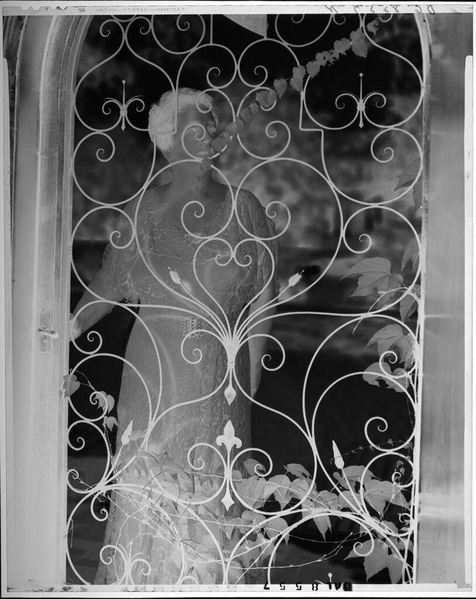 Untitled (woman in evening dress standing behind decorative wrought iron door) by Paul Gittings