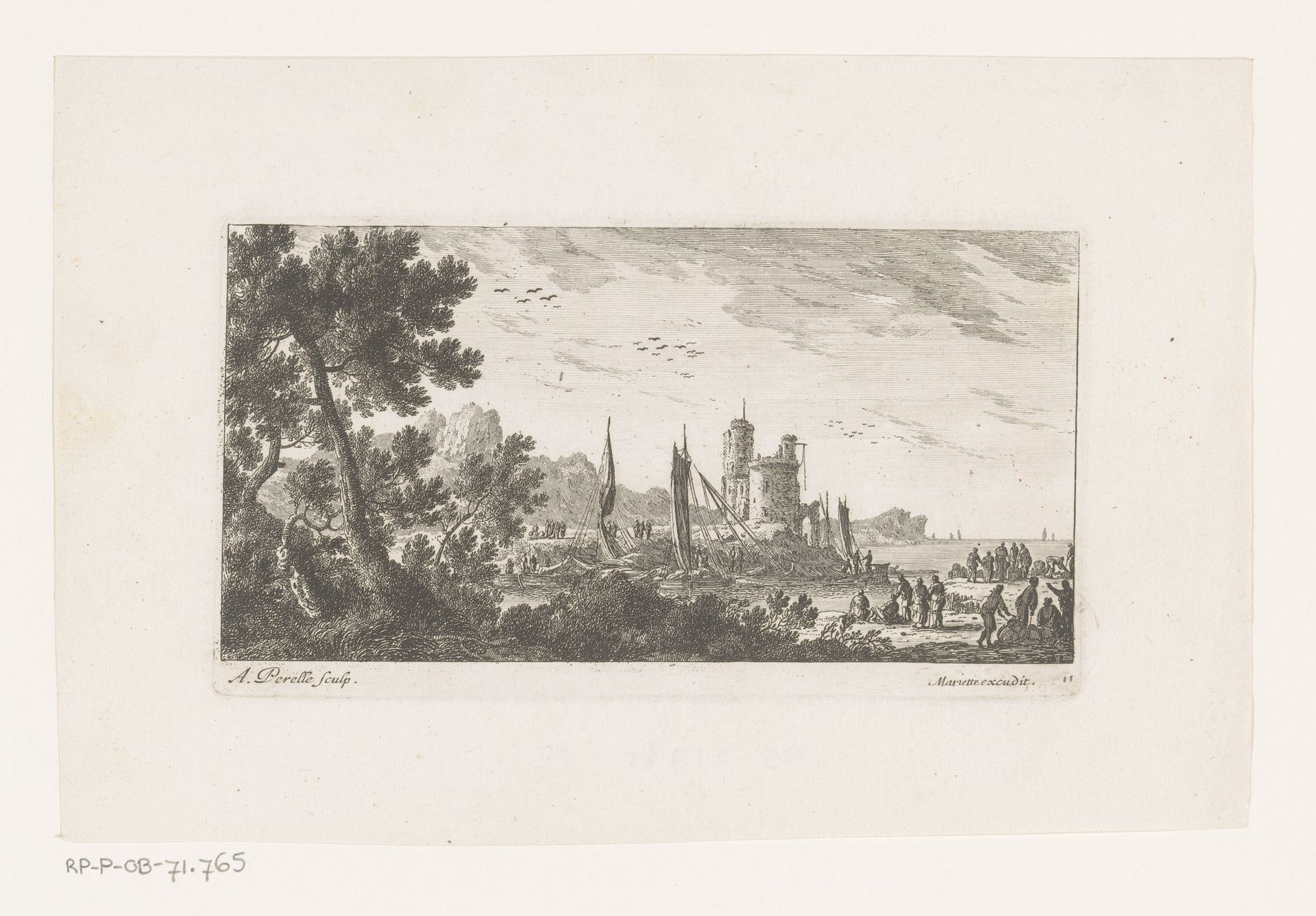 Kustgezicht met boten bij toren by Adam Perelle