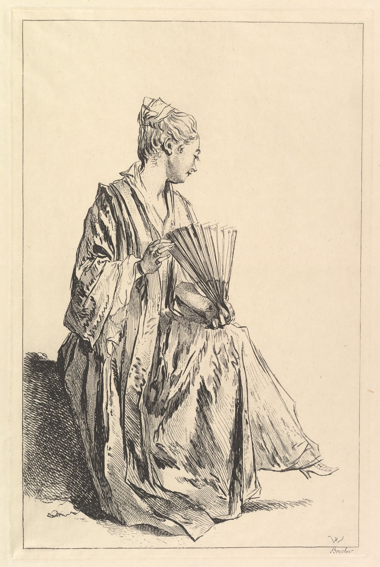 Femme assise, de profil à droite, jouant de l'eventail by Francois Boucher