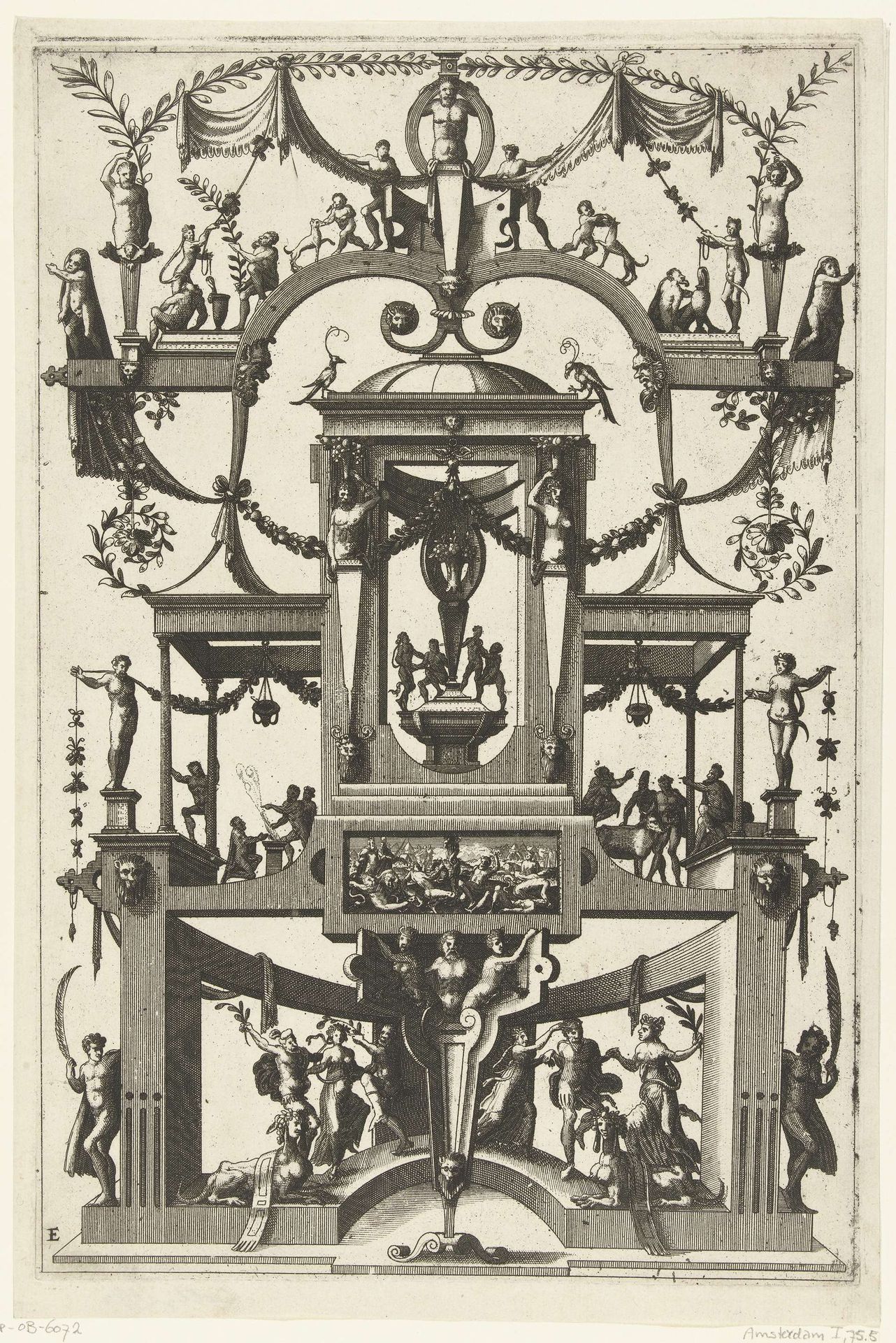 In het midden een overkoepelde, open nis op een voet waarin vier dansende figuren by Johannes of Lucas van Doetechum