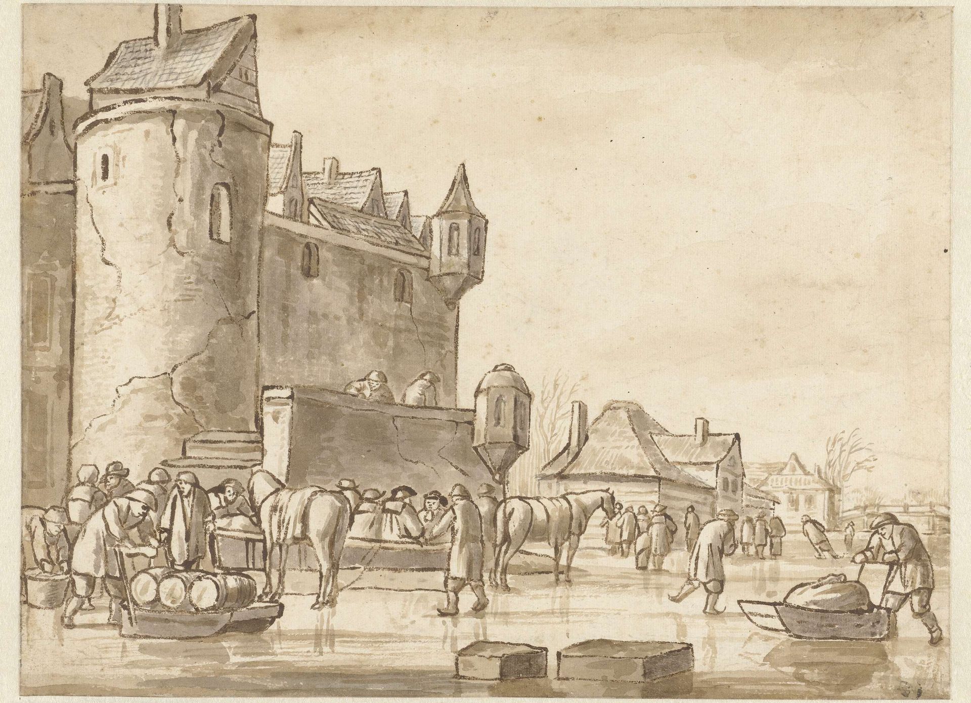 Schaatsenrijders en sleden voor een stadswal by Nicolaes Molenaer