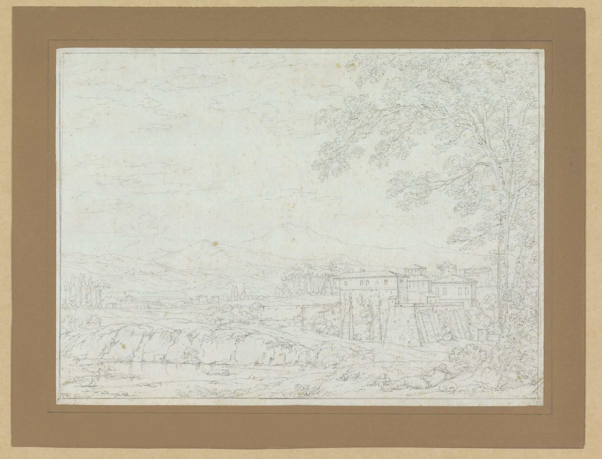 Landschap met een gebouw en op de voorgrond een slapende herder by Christoph Heinrich Kniep