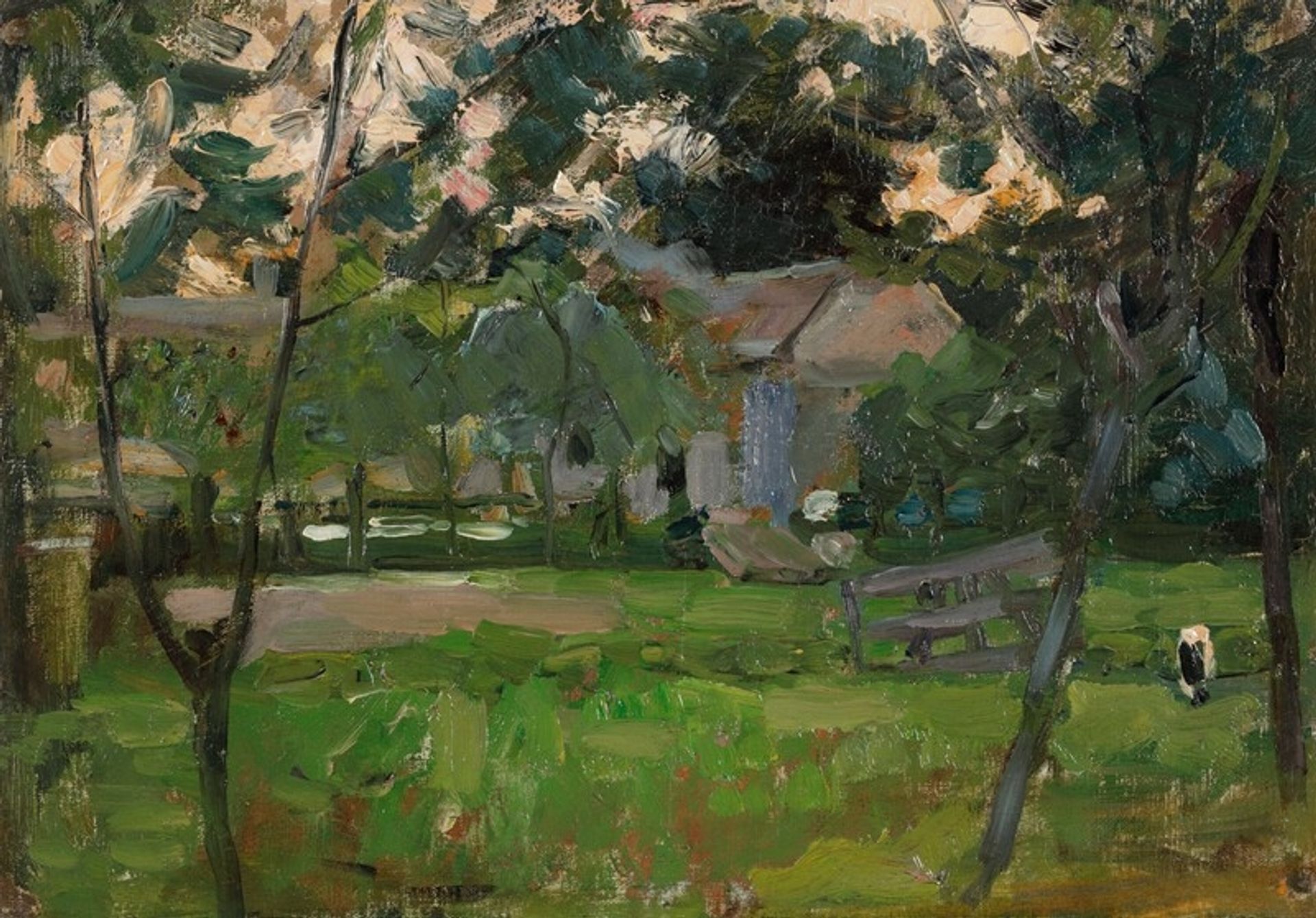 Boerenerf in het Gooi geflankeerd door jonge boompjes by Piet Mondrian