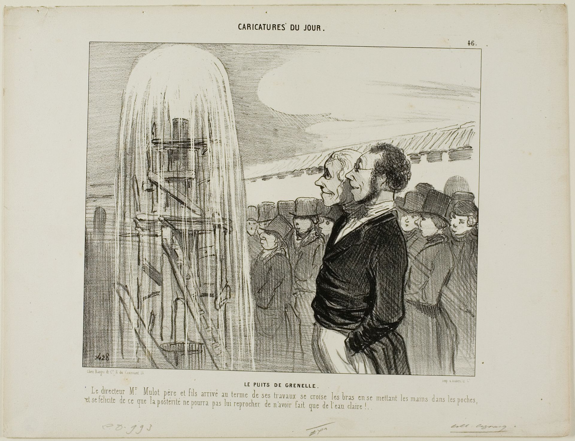 The Grenelle Wells. The director Mr. Mulot and his son finally reaching the end of their work, crossing their arms and putting their hands into their pockets and congratulating themselves that posterity will not be able to reproach them of not having produced clean water, plate 46 from Caricatures Du Jour by Honoré Daumier
