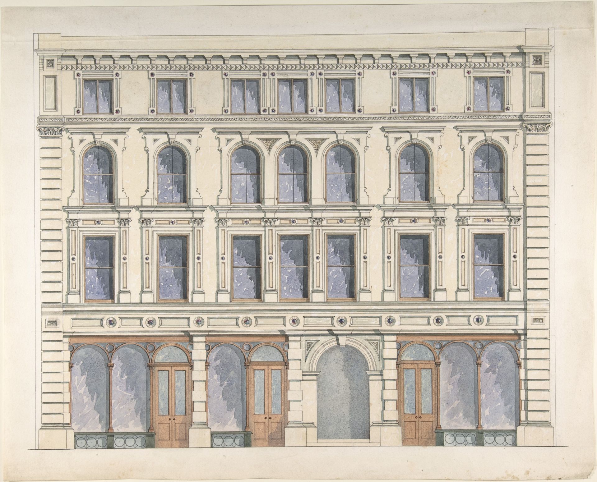 Design for a City Building with Three Shops on the Ground Floor by Anonymous