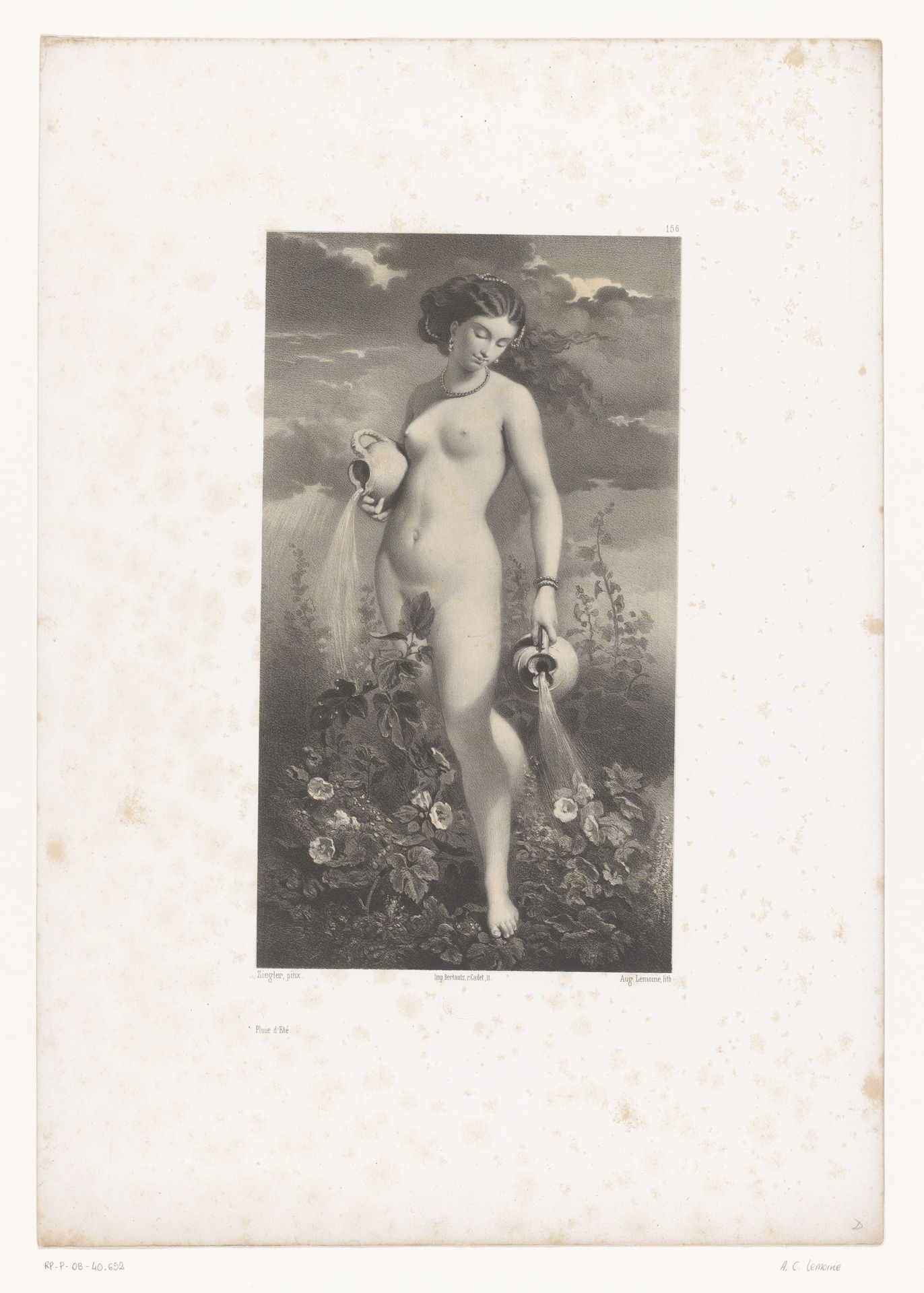 Naakte vrouw geeft bloemen water met twee kruiken by Auguste Charles Lemoine