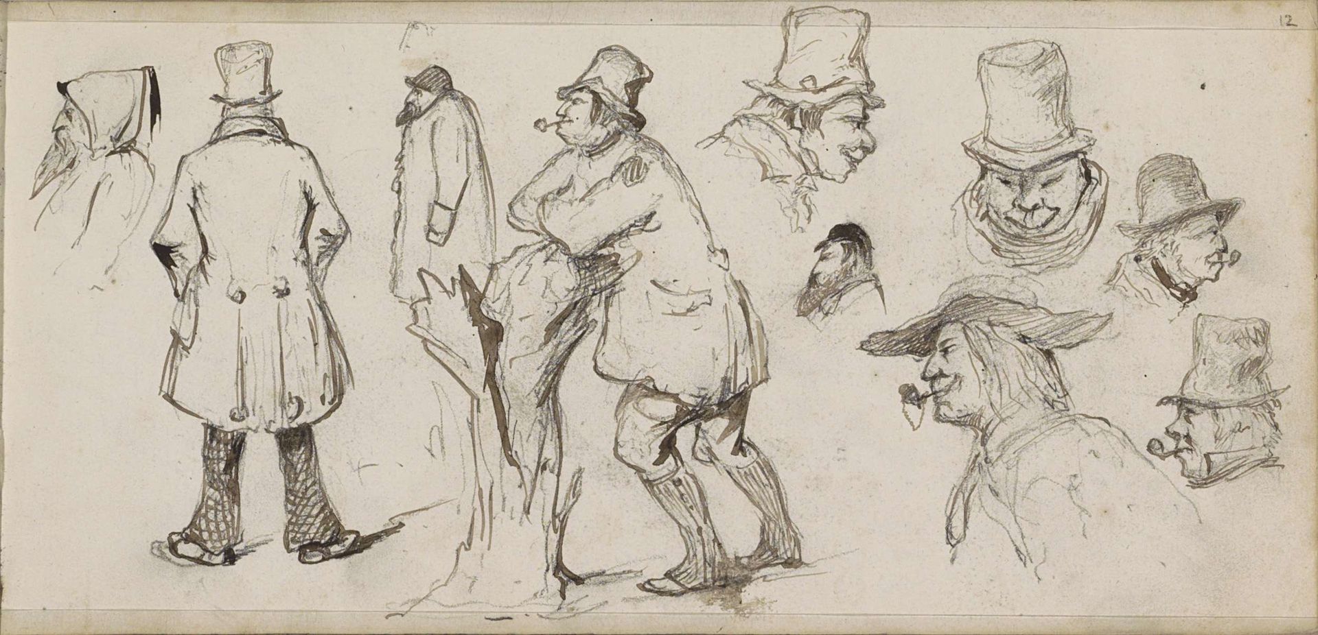 Mannen, waaronder een pijprokende man leunend op een boomstronk by Johannes Tavenraat