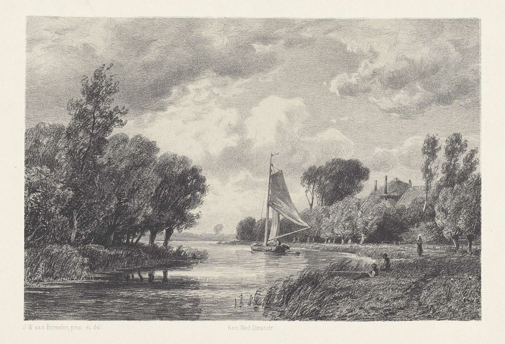 Rivierlandschap met zeilboot by Jan Willem van Borselen