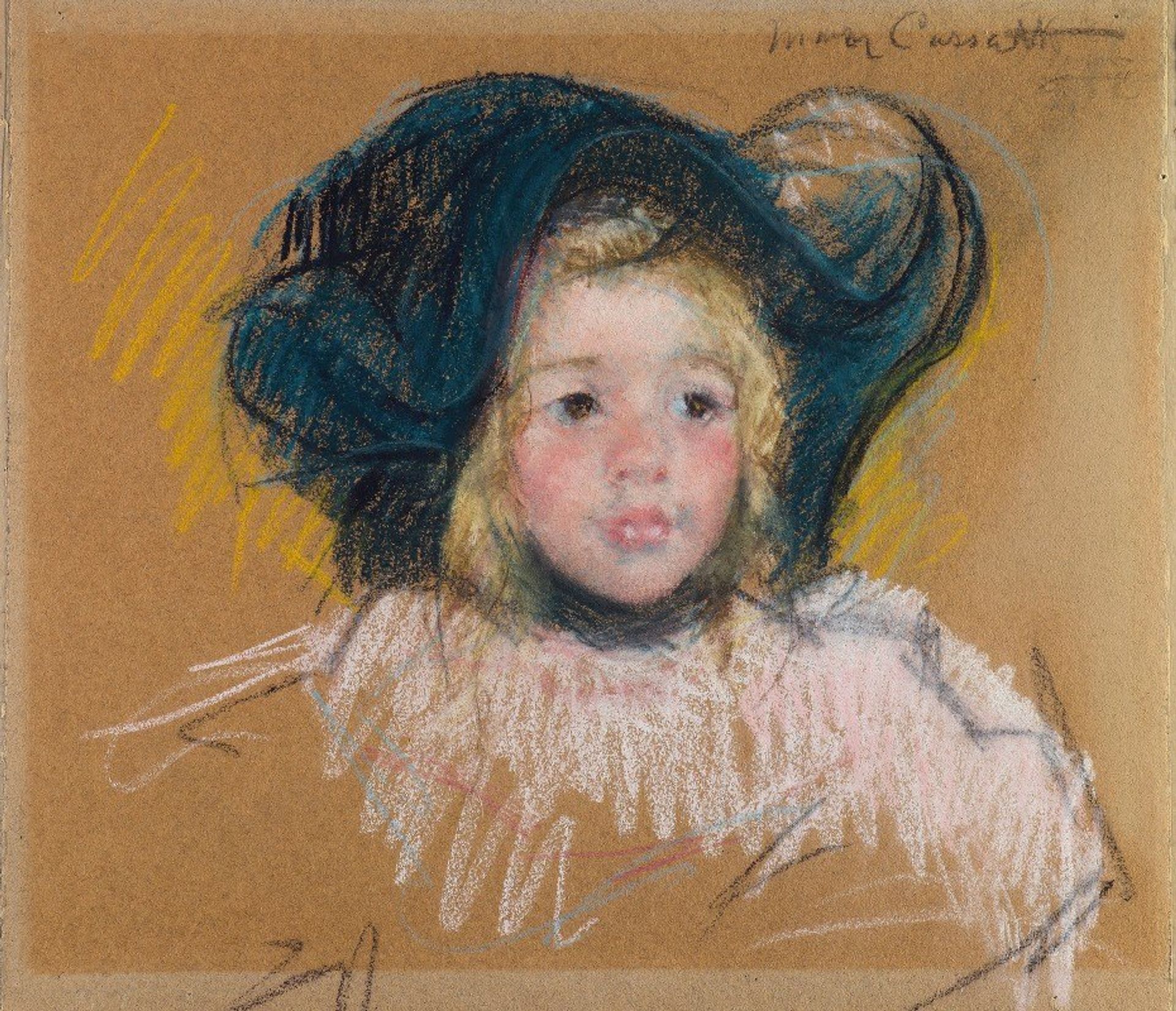 Head of Simone in a Green Bonnet with Wavy Brim by Mary Cassatt