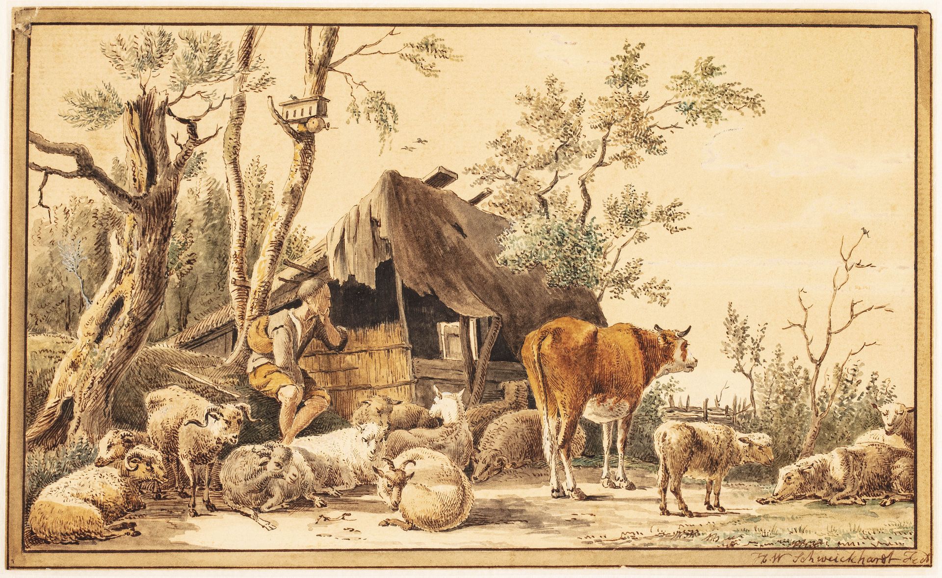 En fårehyrde med sin hjord ved et skur by Hendrik Willem Schweickhardt