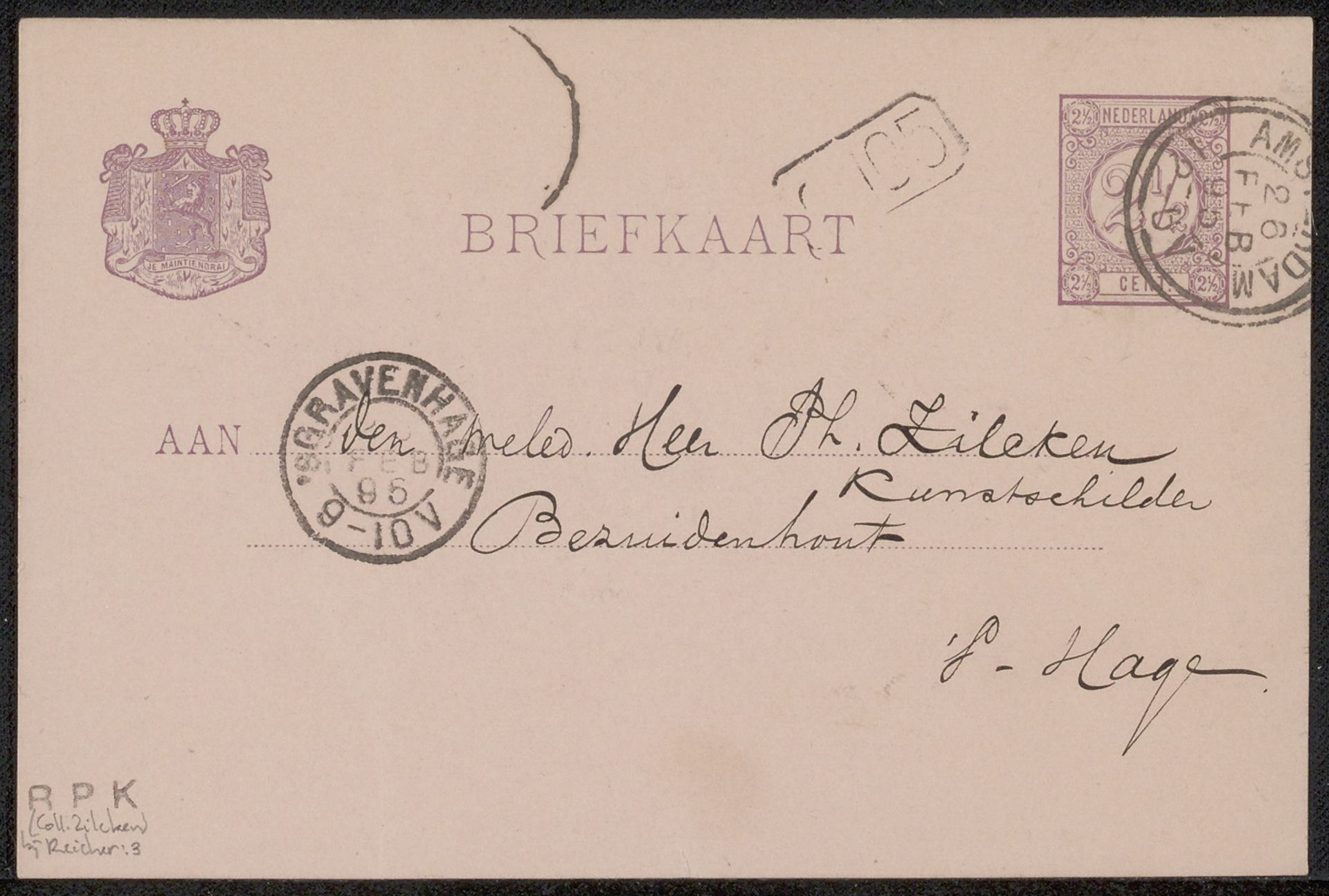 Briefkaart aan Philip Zilcken by Albrecht Felix Reicher