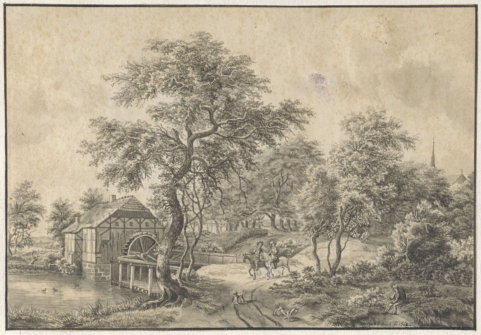 Landschap met watermolen en twee ruiters by Petrus Adrianus Koppius