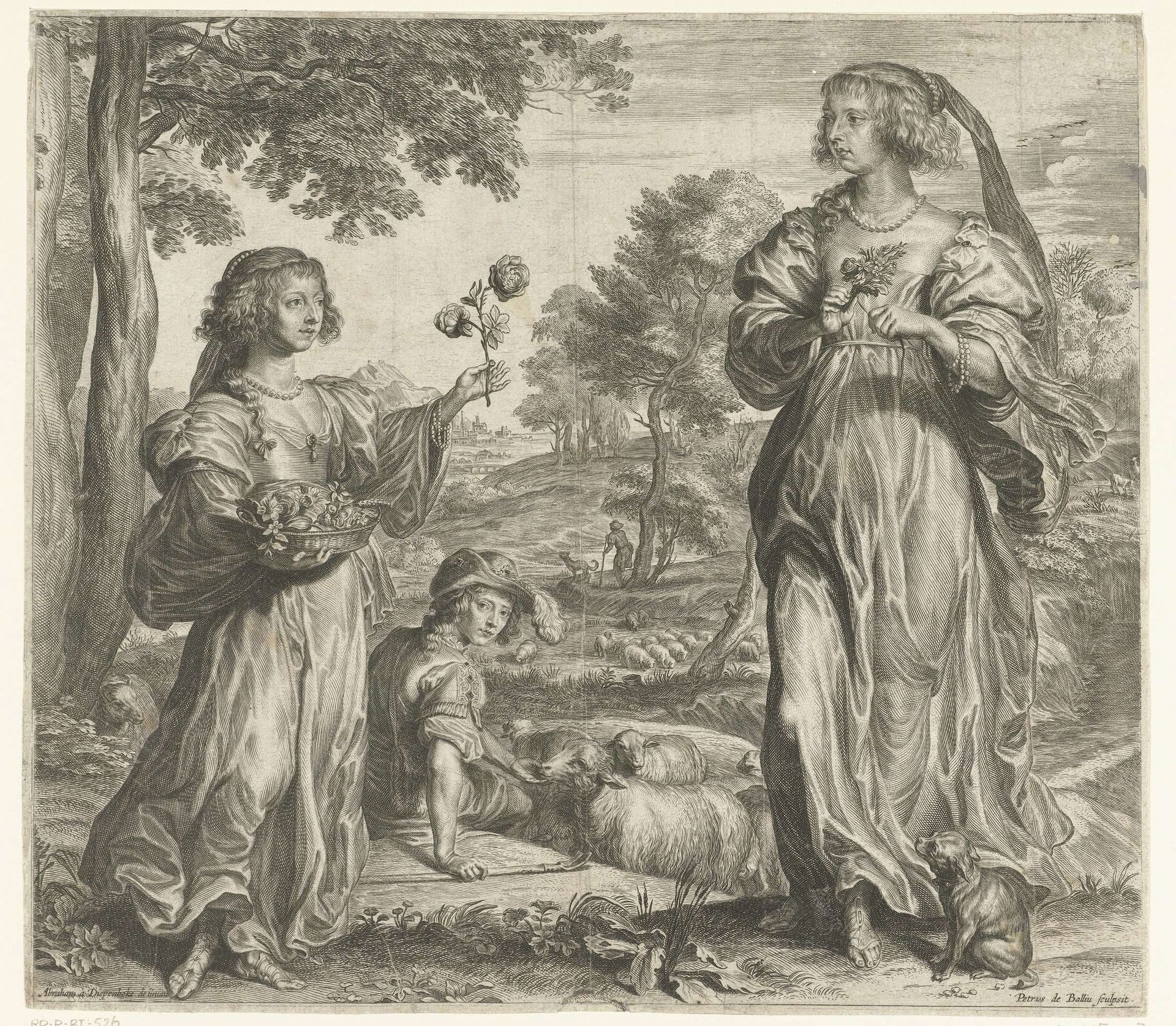 Vrouw en meisje met bloemen in landschap met herder en schapen by Pieter de Bailliu