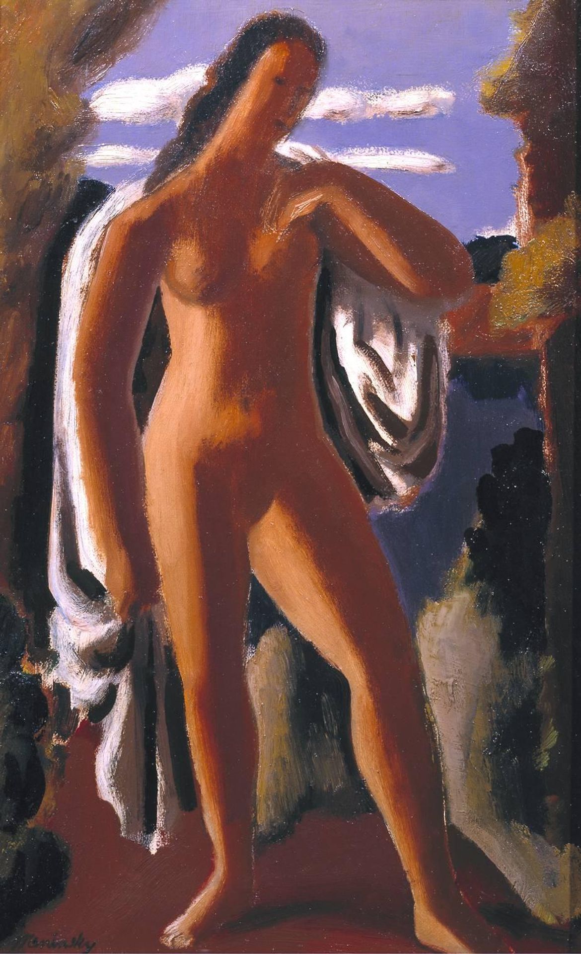 Standing Female Nude in a Landscape by  Bernard Meninsky