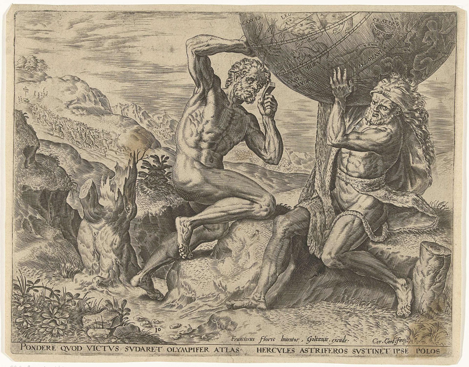Hercules torst de wereldbol voor Atlas by Cornelis Cort