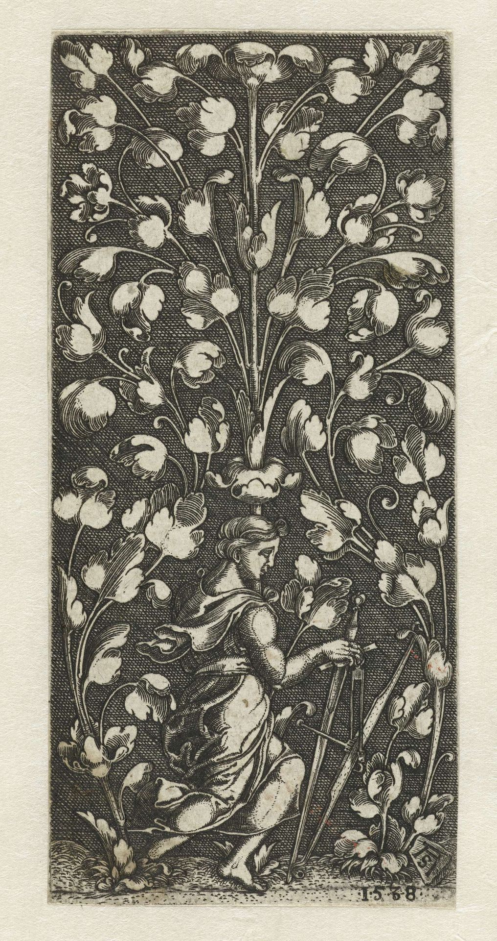 Ornament met personificatie van de Gerechtigheid by Monogrammist AS (Duits; graveur)