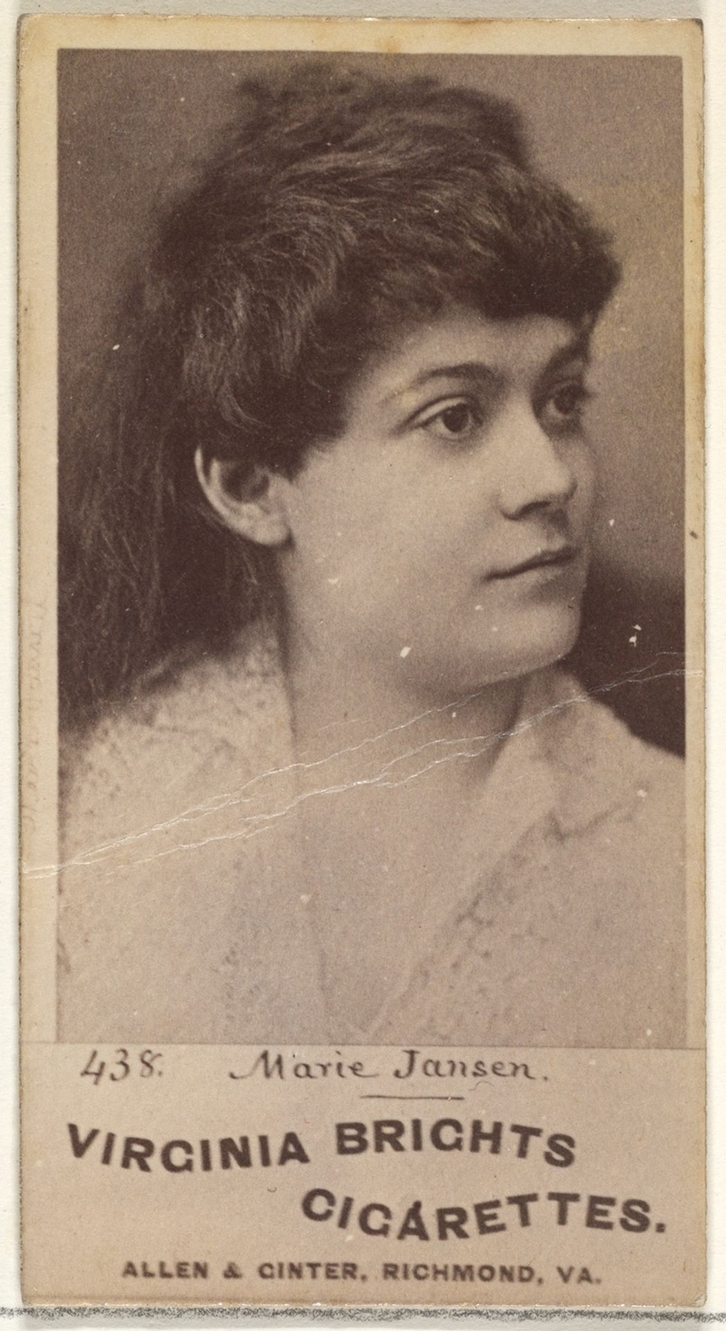 Card 438, Marie Janson, from the Actors and Actresses series (N45, Type 1) for Virginia Brights Cigarettes by Allen & Ginter