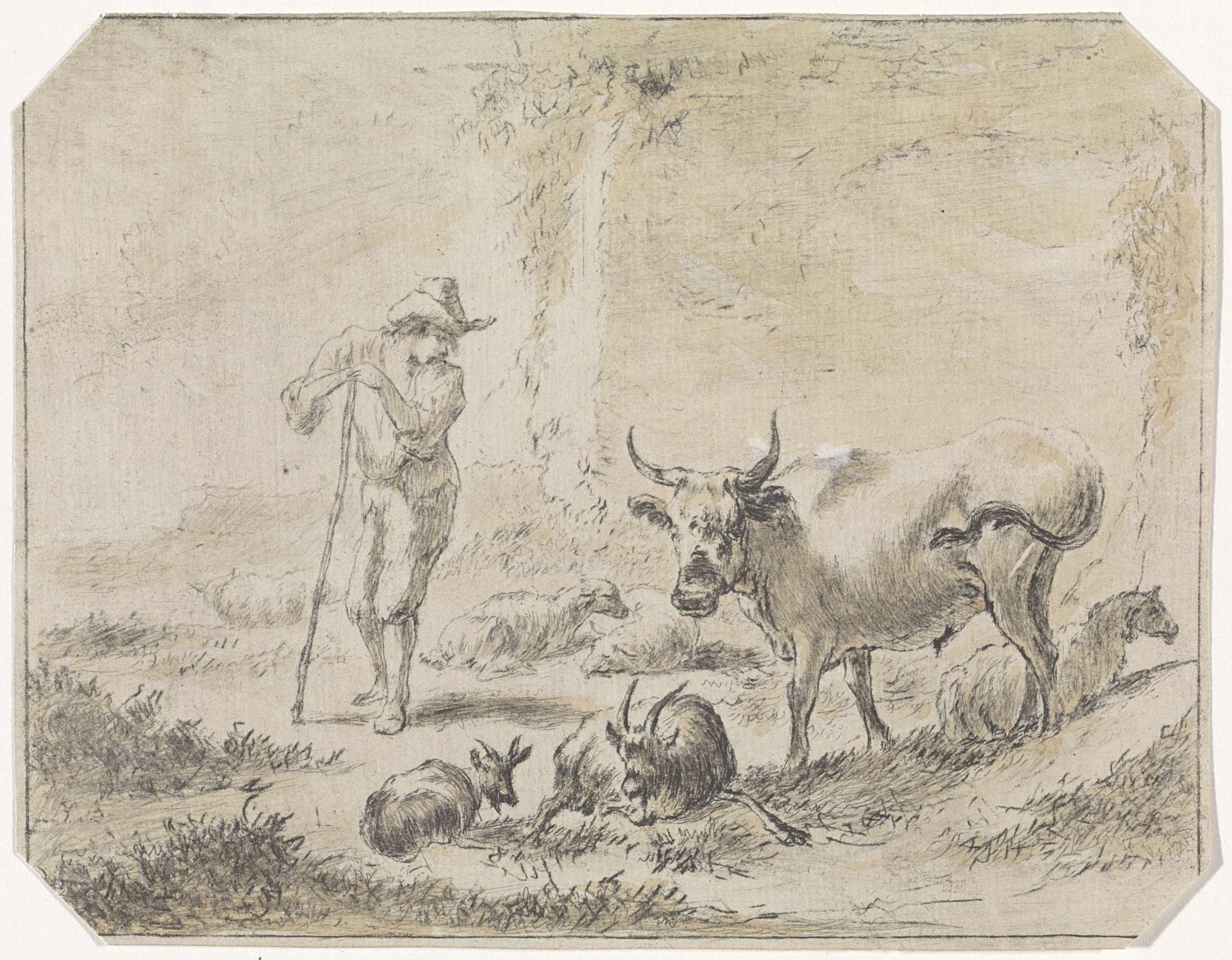 Herder leunend op zijn staf tussen zijn vee by Hendrik Spilman