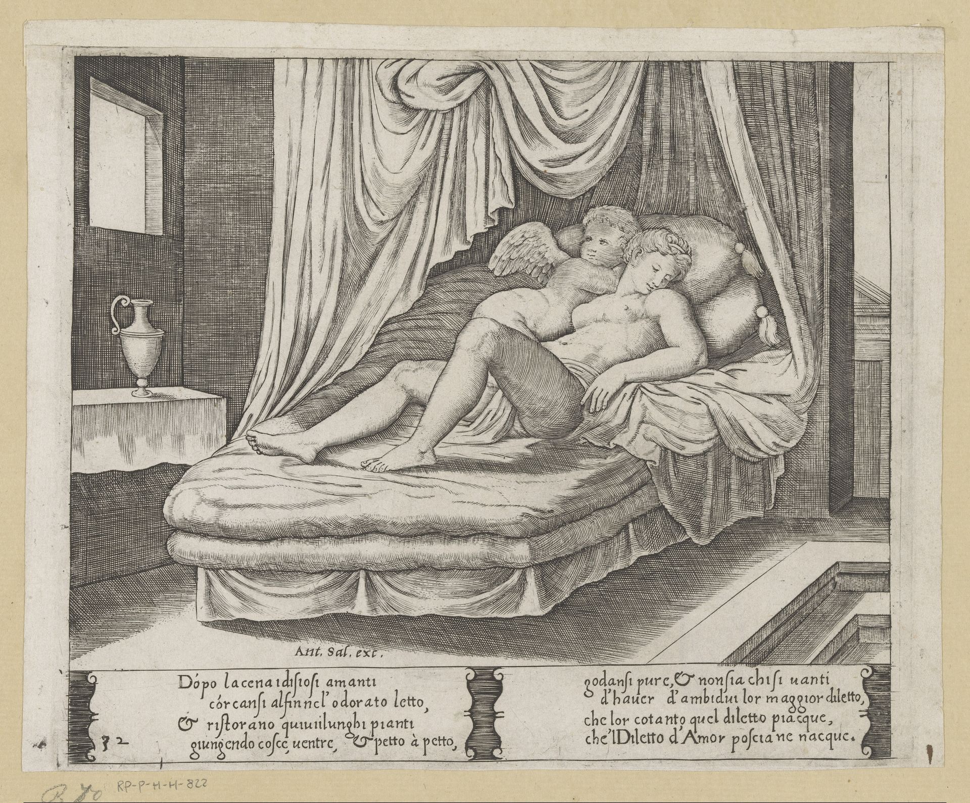 Amor en Psyche samen in het huwelijksbed by Meester van de Dobbelsteen
