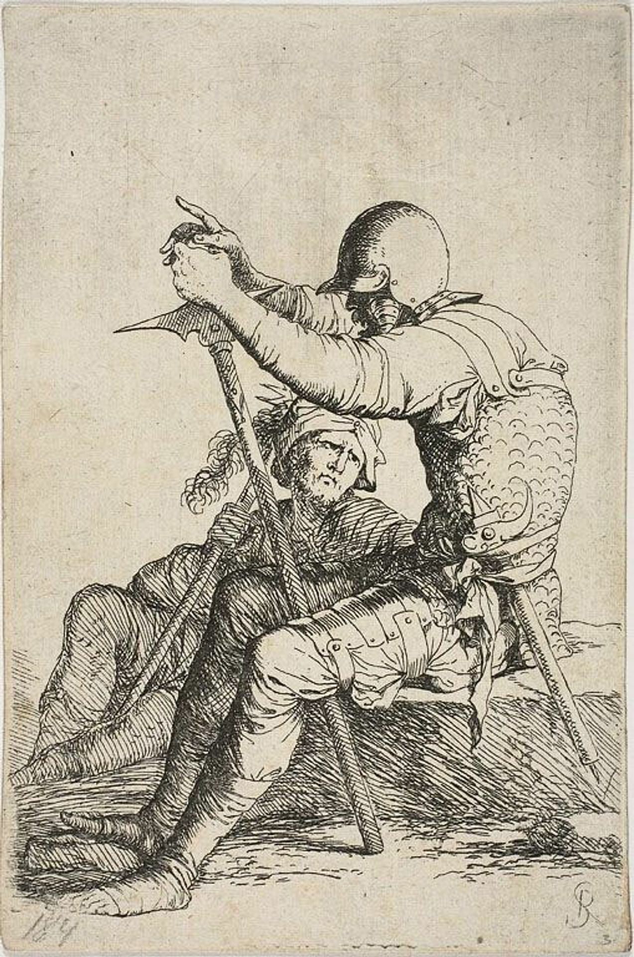 Two warriors, one seated on a low foreground rock and holding a war hammer; the other figure seated on the ground behind him, holding a mace across his right shoulder and looking up at the foreground fugure, from Figurine series by Salvator Rosa