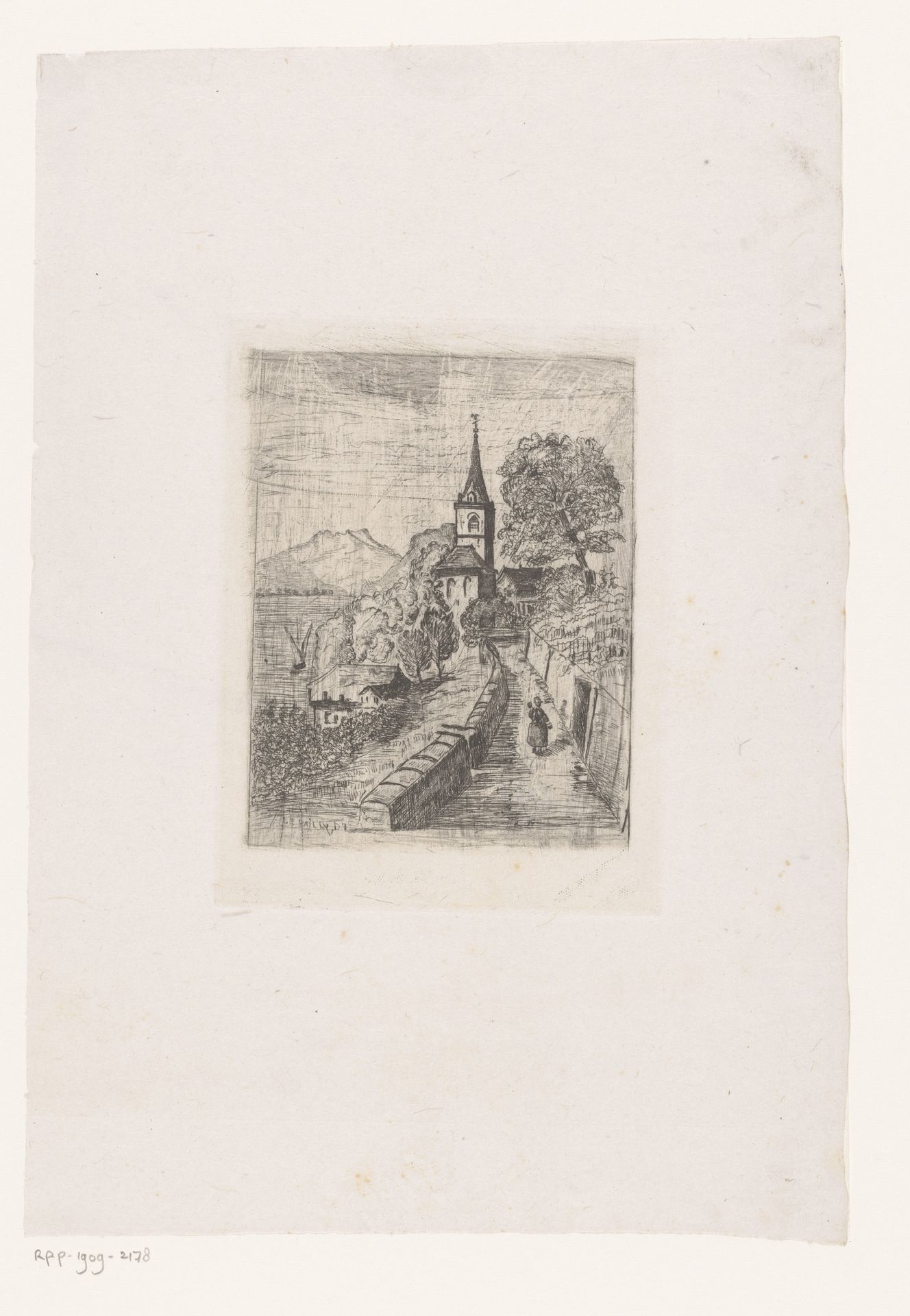 Gezicht op een dorp aan een rivier by Vicomte Arthur-Jean Le Bailly d'Inghuem