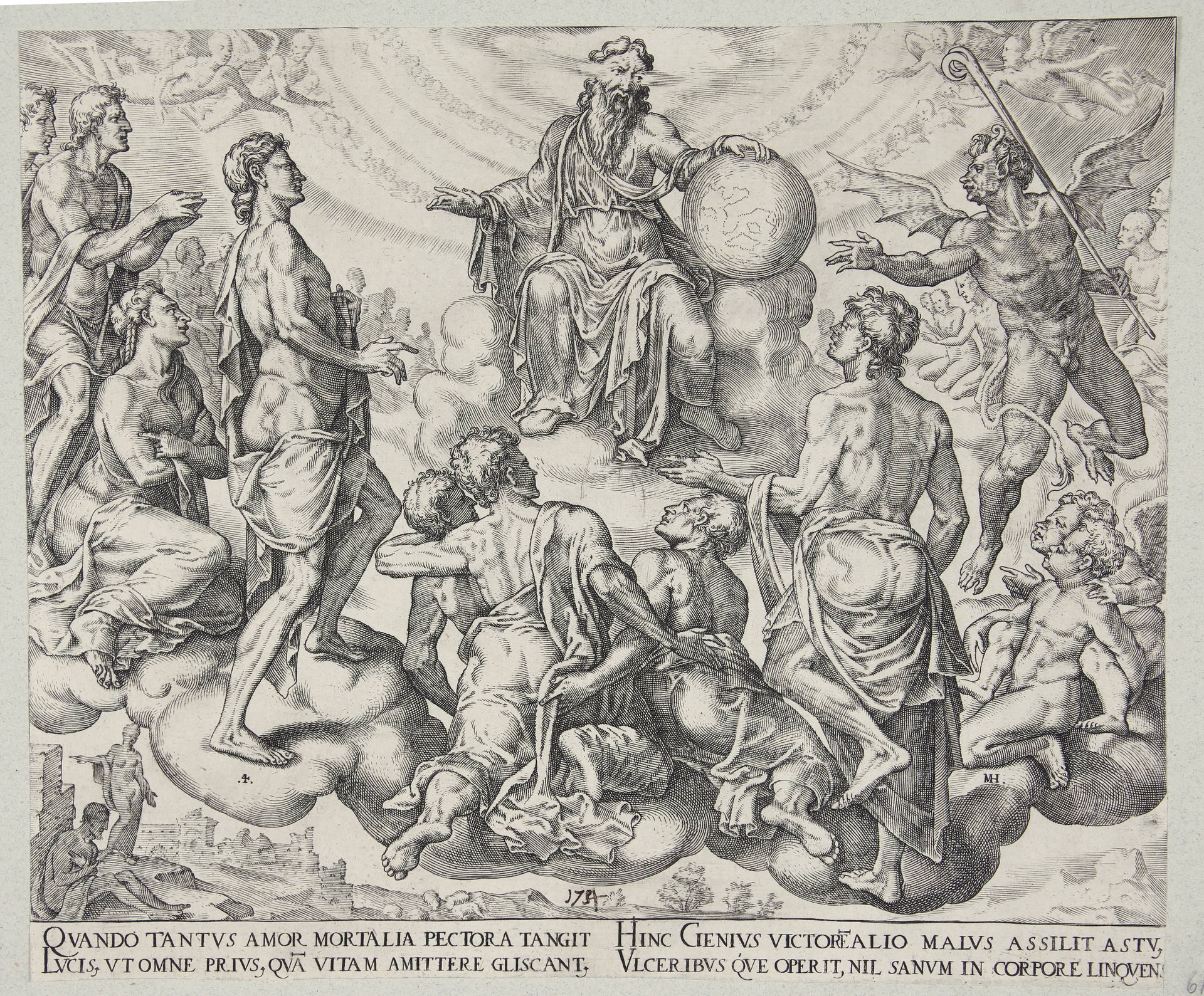 Satan challeninging the lord to remove his protection from Job by Philips Galle