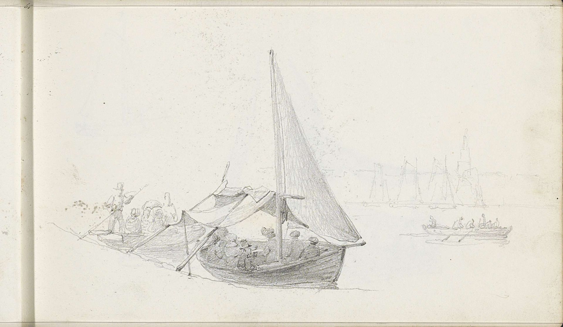Figuren in roeiboten en een zeilboot by Petrus Johannes Schotel