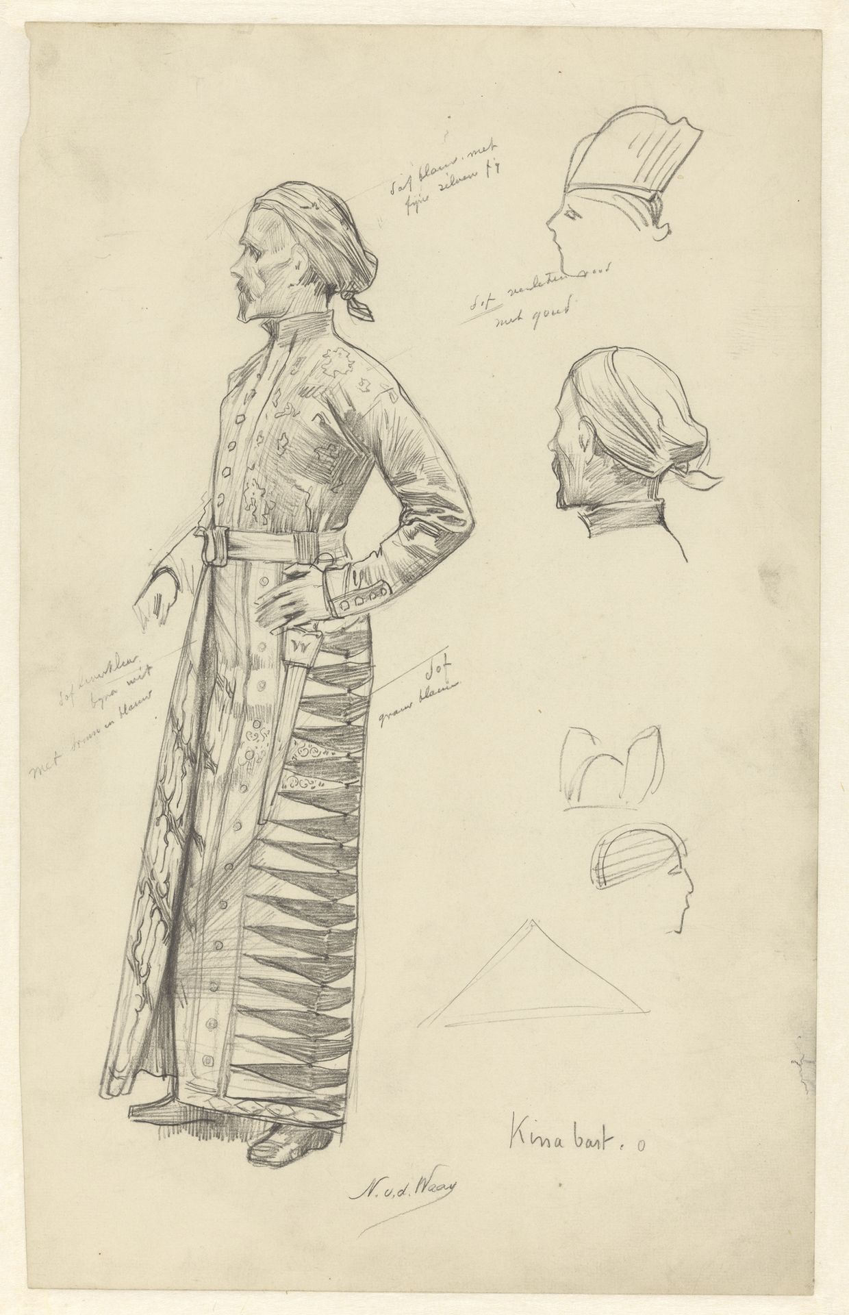 Studieblad met kleding en hoofddeksel van een hoogwaardigheidsbekleder uit Nederlands-Indië by Nicolaas van der Waay