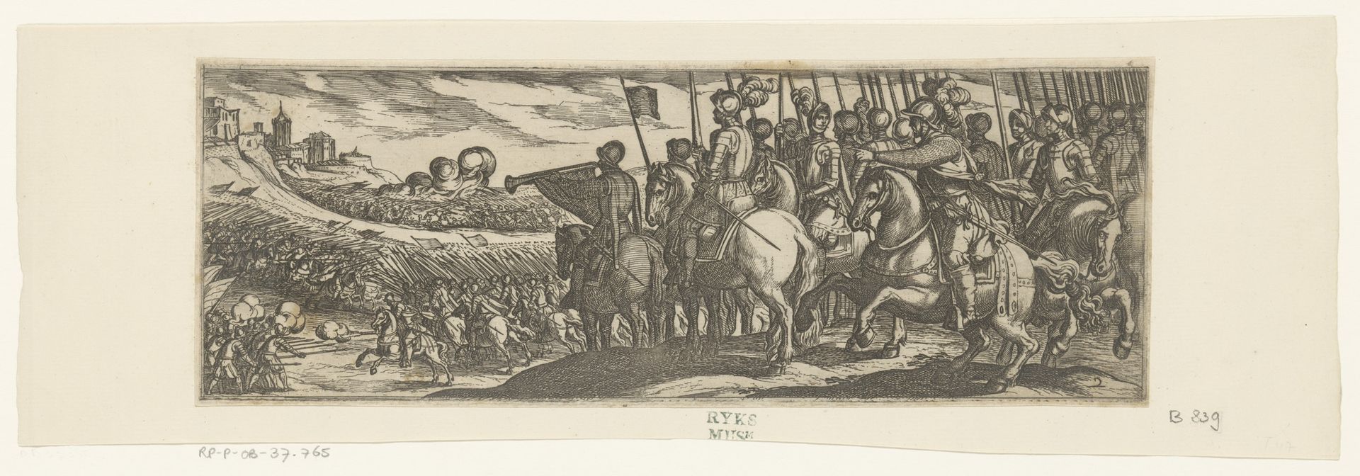 Gevechtsscène met cavalerie en trompetter op een heuvel by Antonio Tempesta
