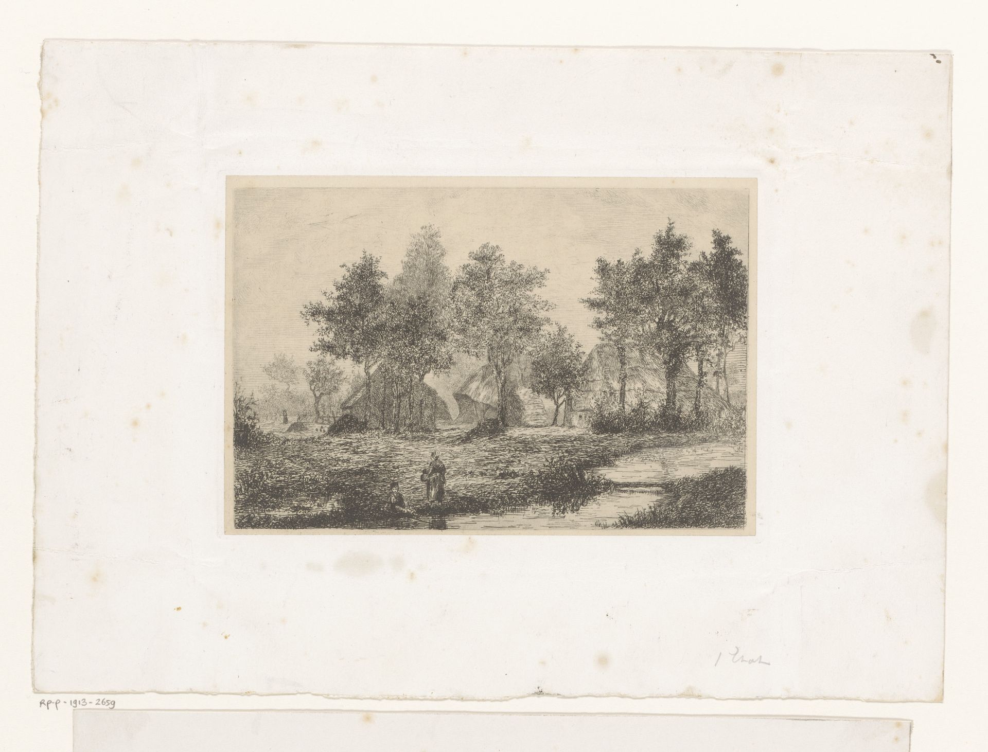 Landschap met boerderijen en twee figuren bij een beek by Emilie Rolin-Jacquemijns