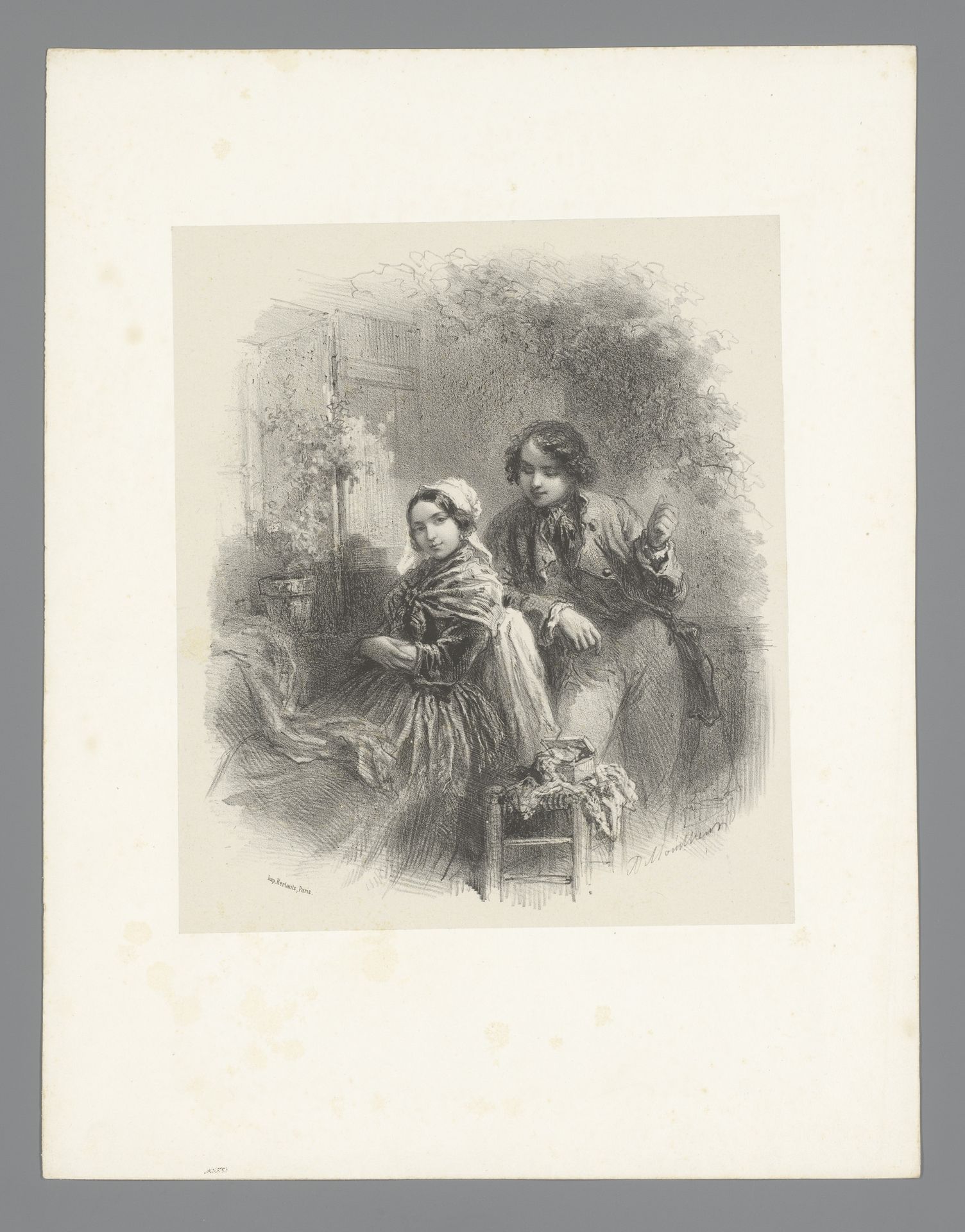Zittende jonge vrouw en staande jonge man buiten bij raam by Adolphe Mouilleron