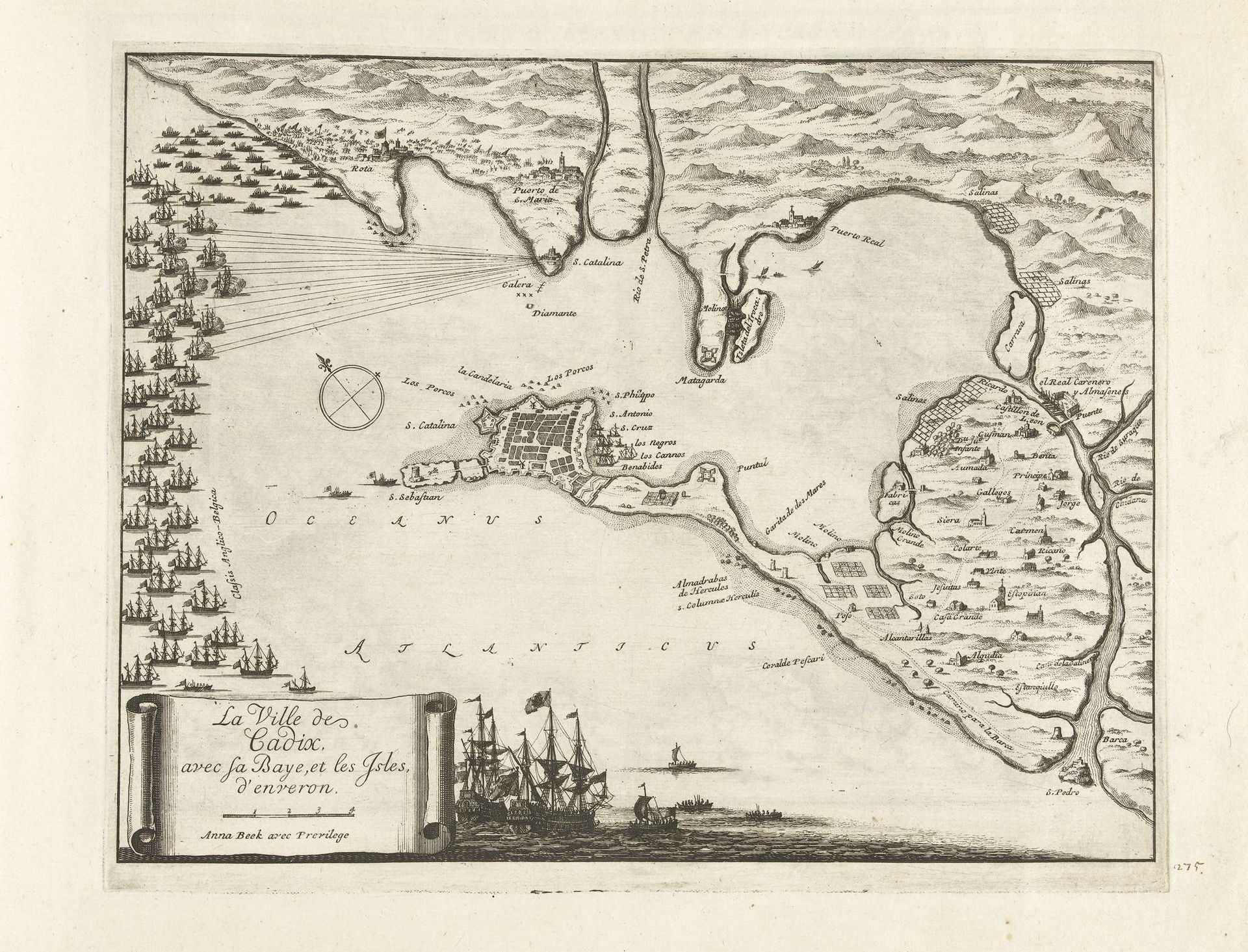 Kaart met de strijd om Cadiz, 1702 by Anonymous