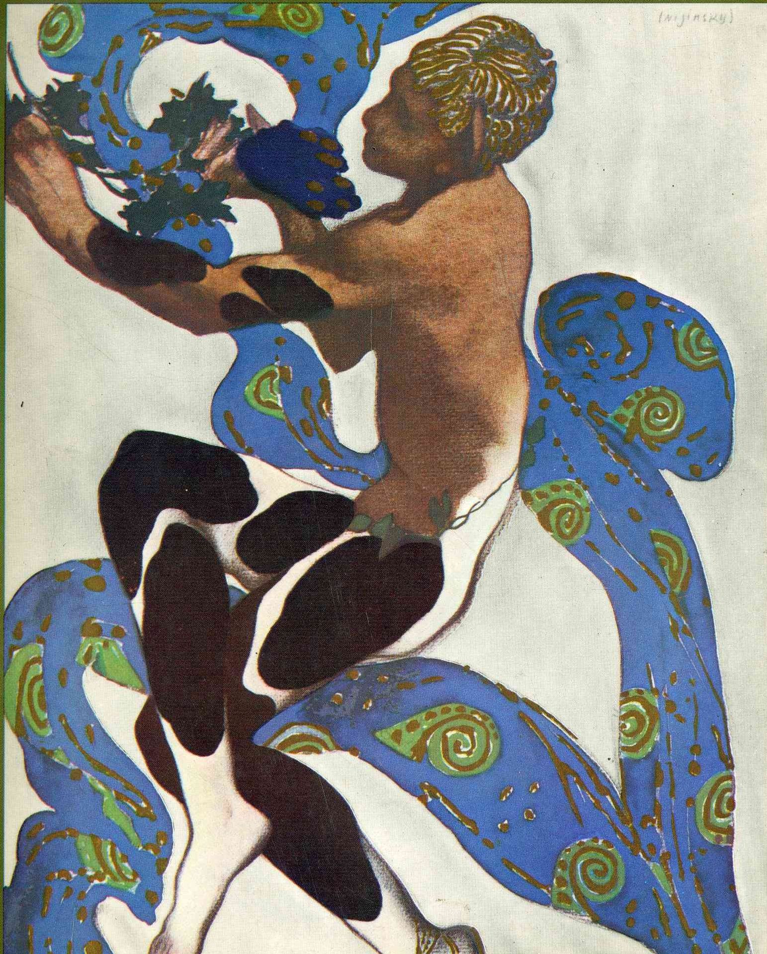 Nijinsky's Faun Costume in 'L'Apres Midi d'un Faune' by Claude Debussy  from the front cover of the programme for the 7th season of the 'Ballets Russes' by Léon Bakst