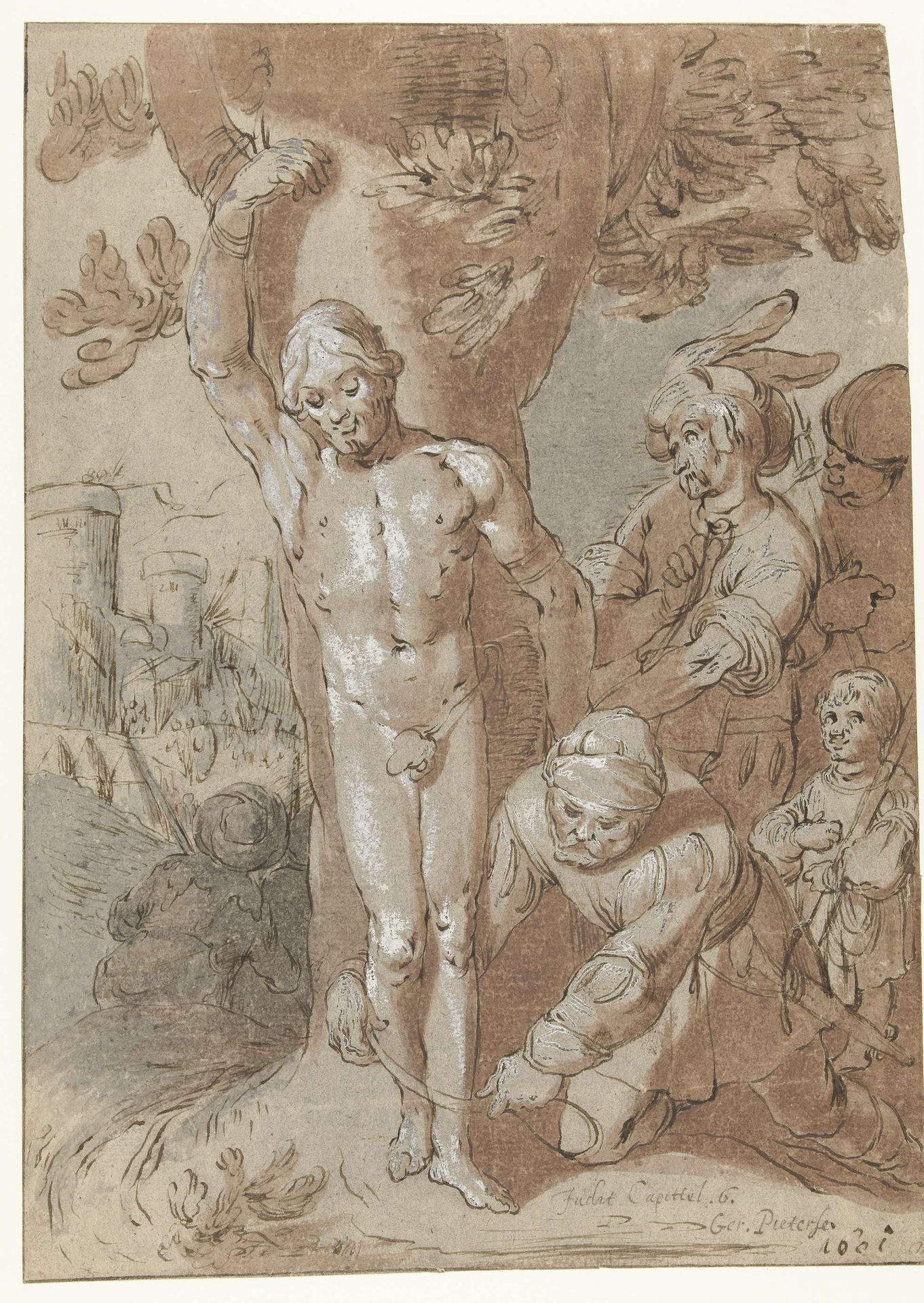 Achior wordt aan een boom gebonden by Gerrit Pietersz