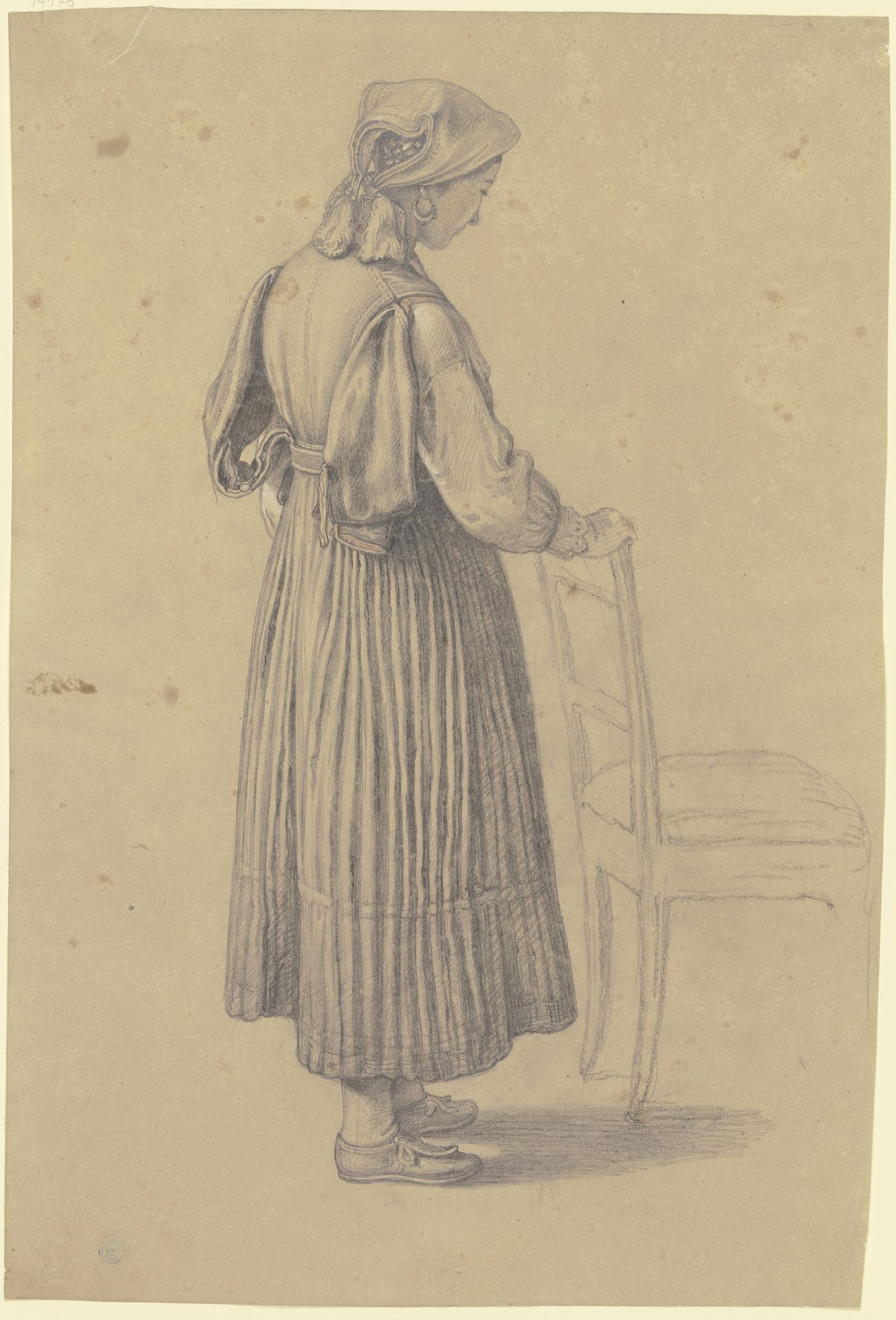Bauernmädchen im verlorenen Profil, an einem Stuhl stehend by Benjamin Vautier