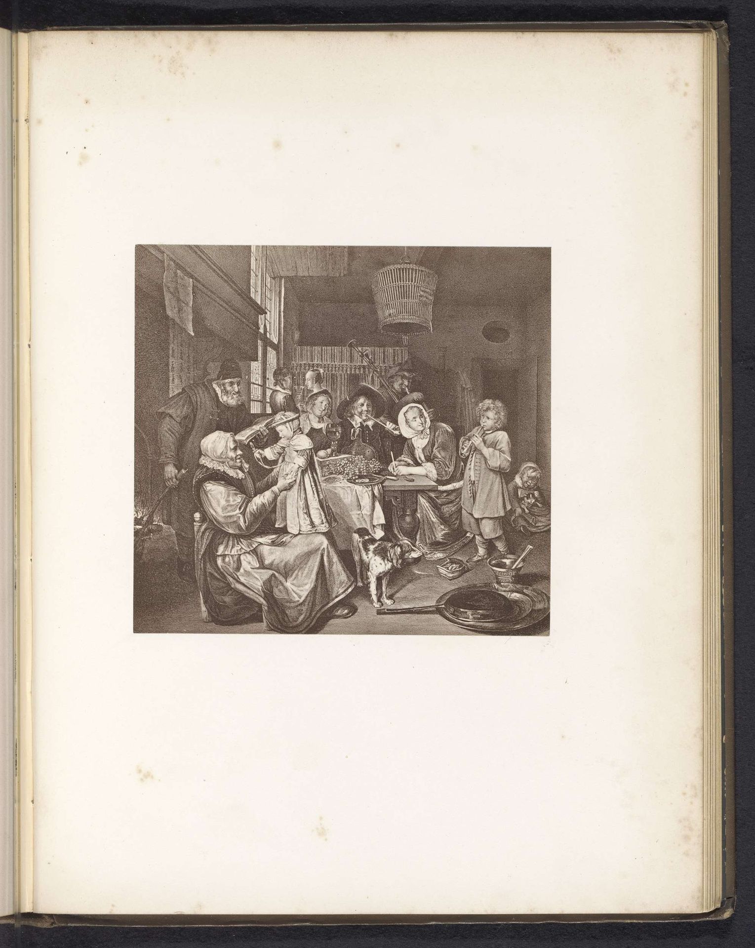 Fotoreproductie van een prent naar een schilderij, voorstellende een interieur met een familie aan tafel by Anonymous