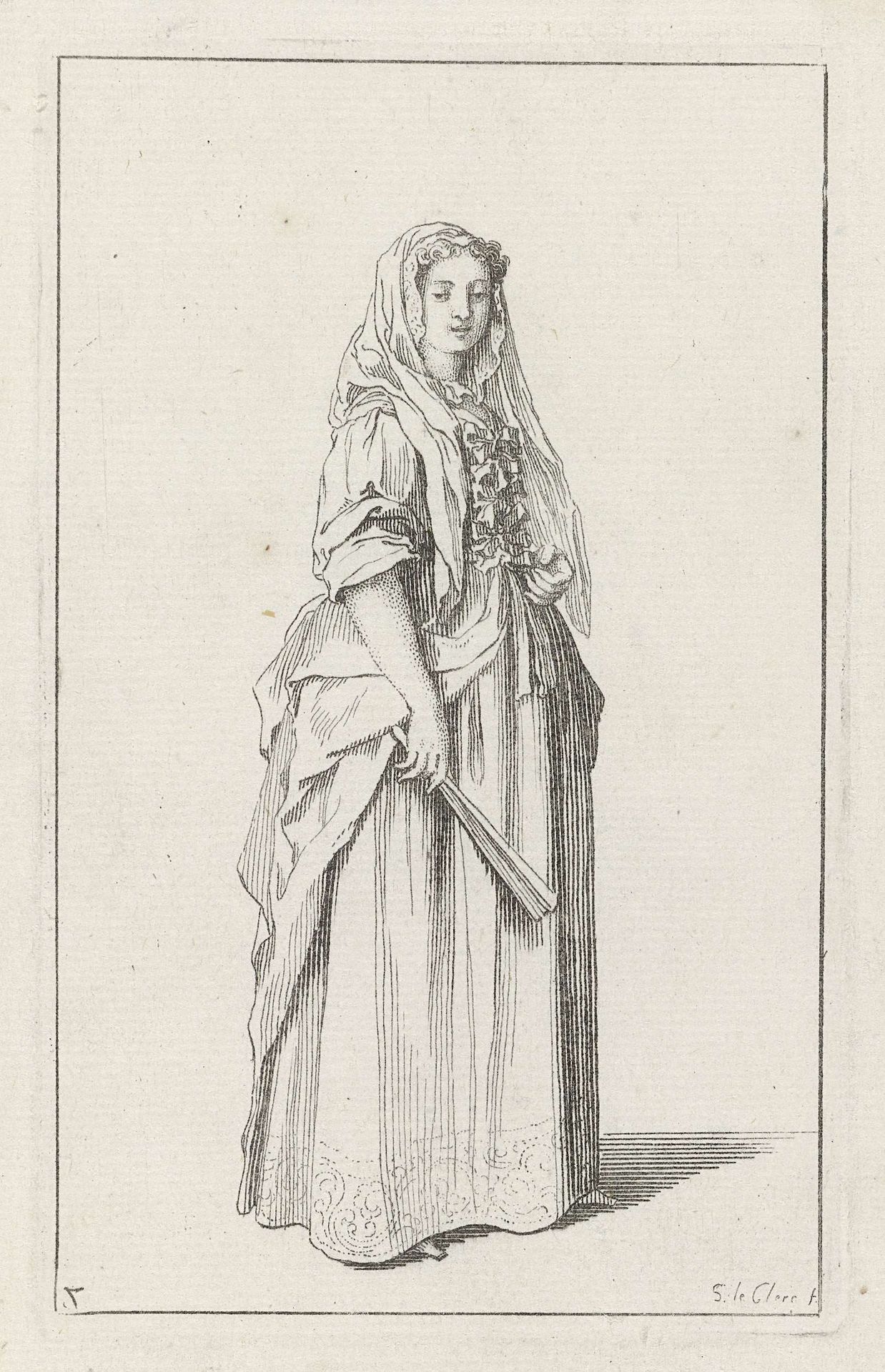Dame met sluier en dichtgevouwen waaier, naar rechts by Sébastien Leclerc I