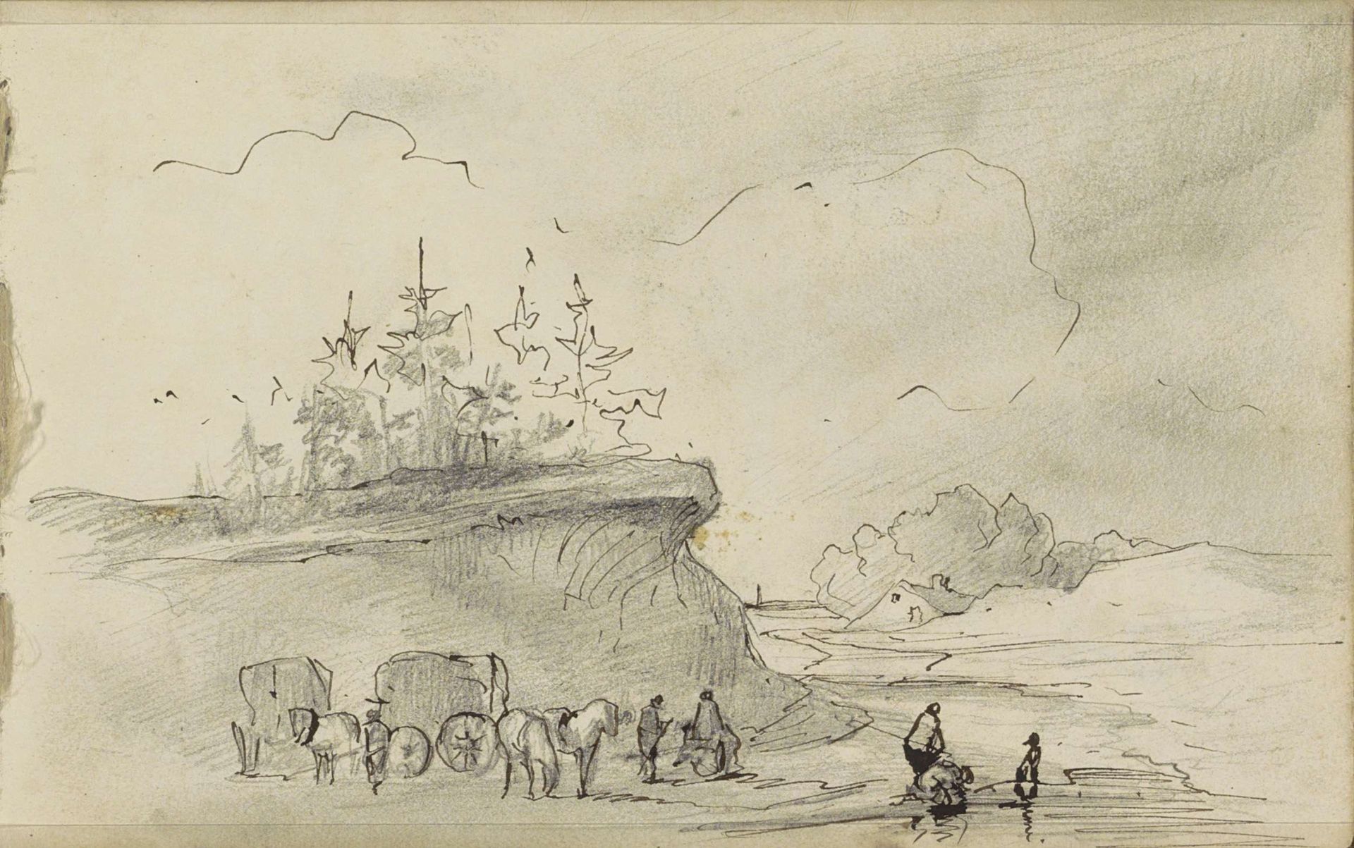 Landschap met paarden en karren by Johannes Tavenraat