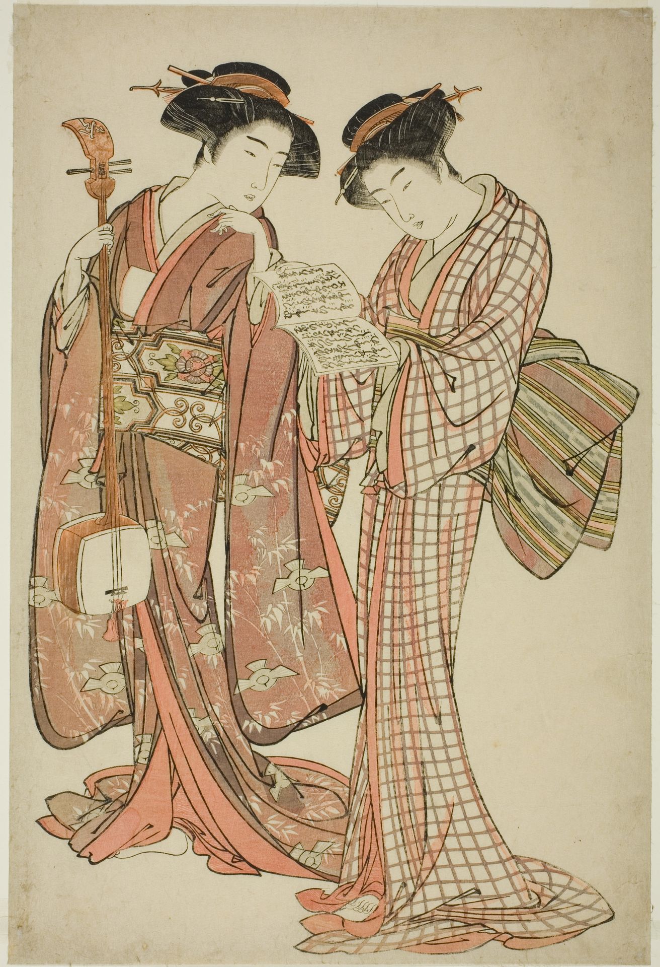 Two Geisha Holding a Shamisen and a Song Book by Kitao Shigemasa
