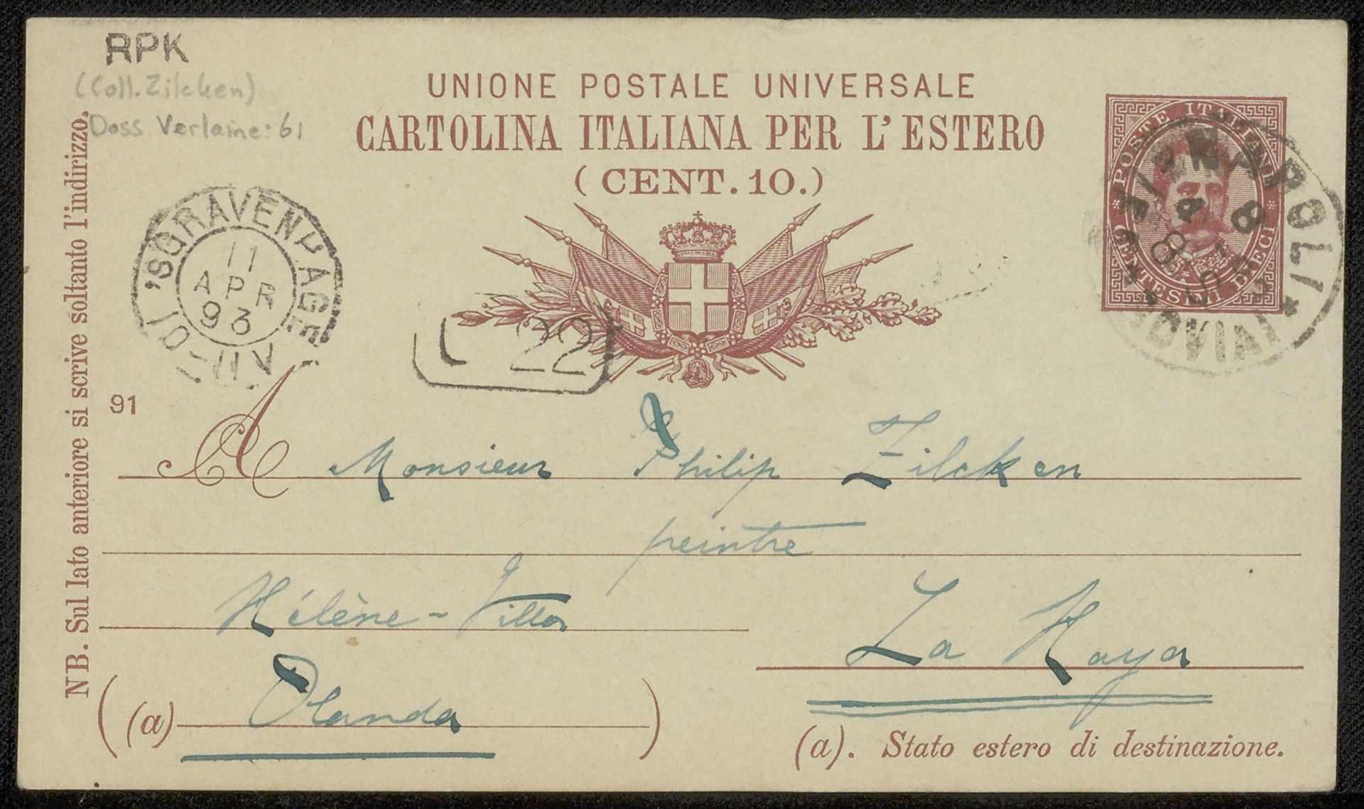 Briefkaart aan Philip Zilcken by Vittorio Pica