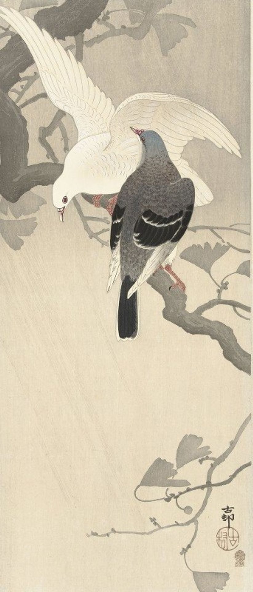 Two pigeons on a branch by Ohara Koson
