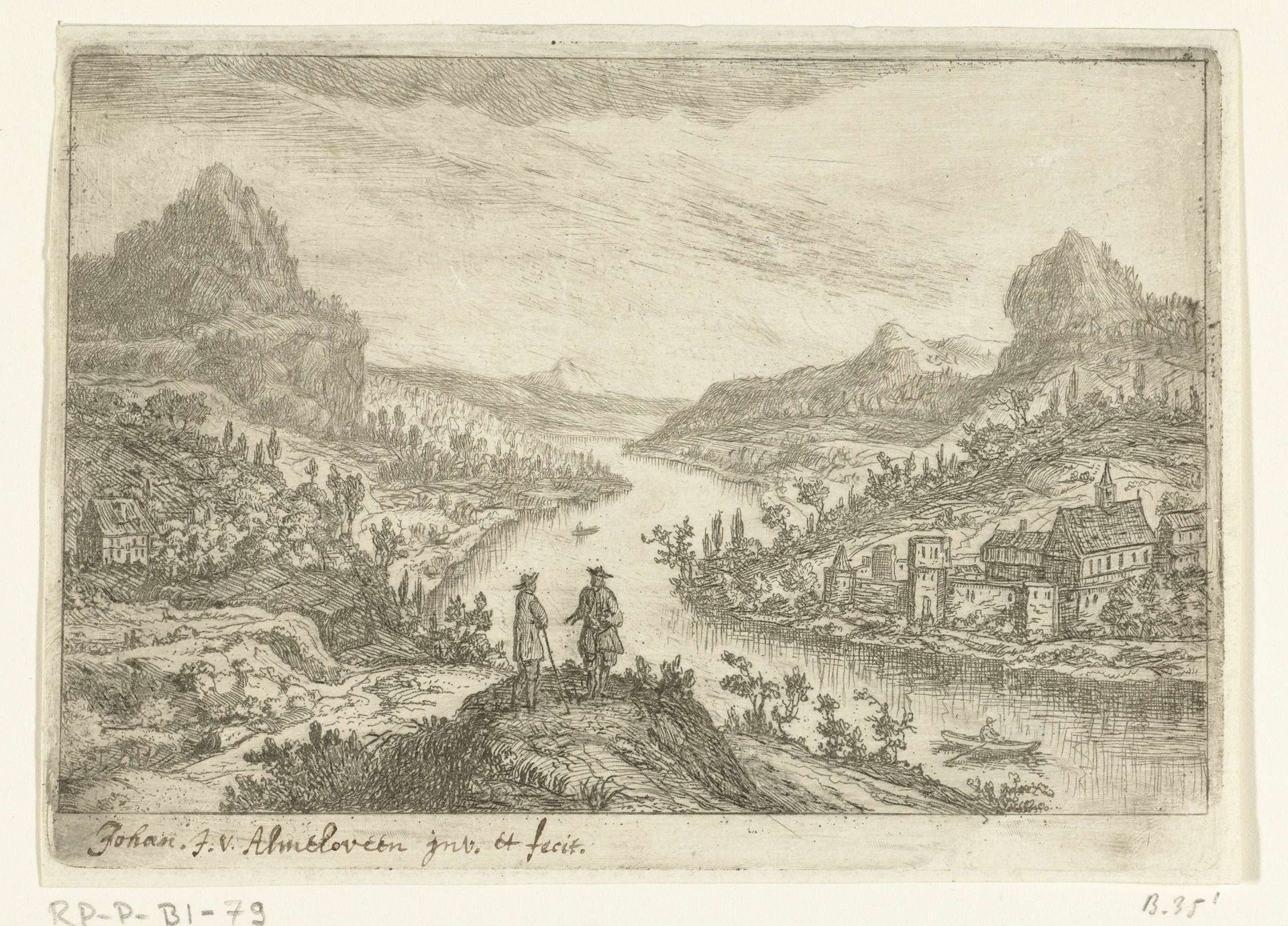 Rivierlandschap met twee mannen op een heuvel by Jan van Almeloveen