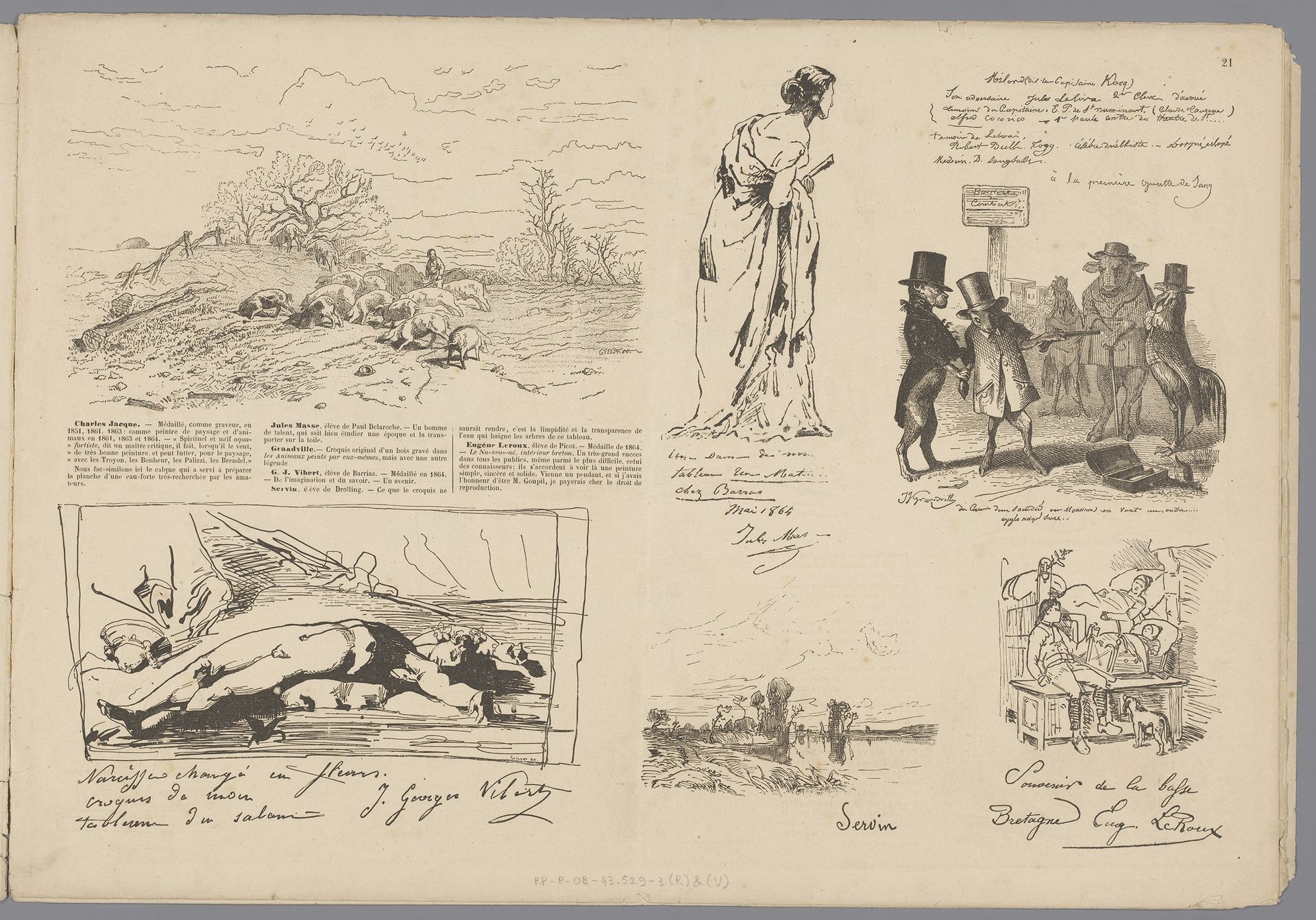 Varkenshoeder, staande vrouw, dieren verkleed als mensen, Narcissus, een landschap en twee figuren in een bed by Firmin Gillot